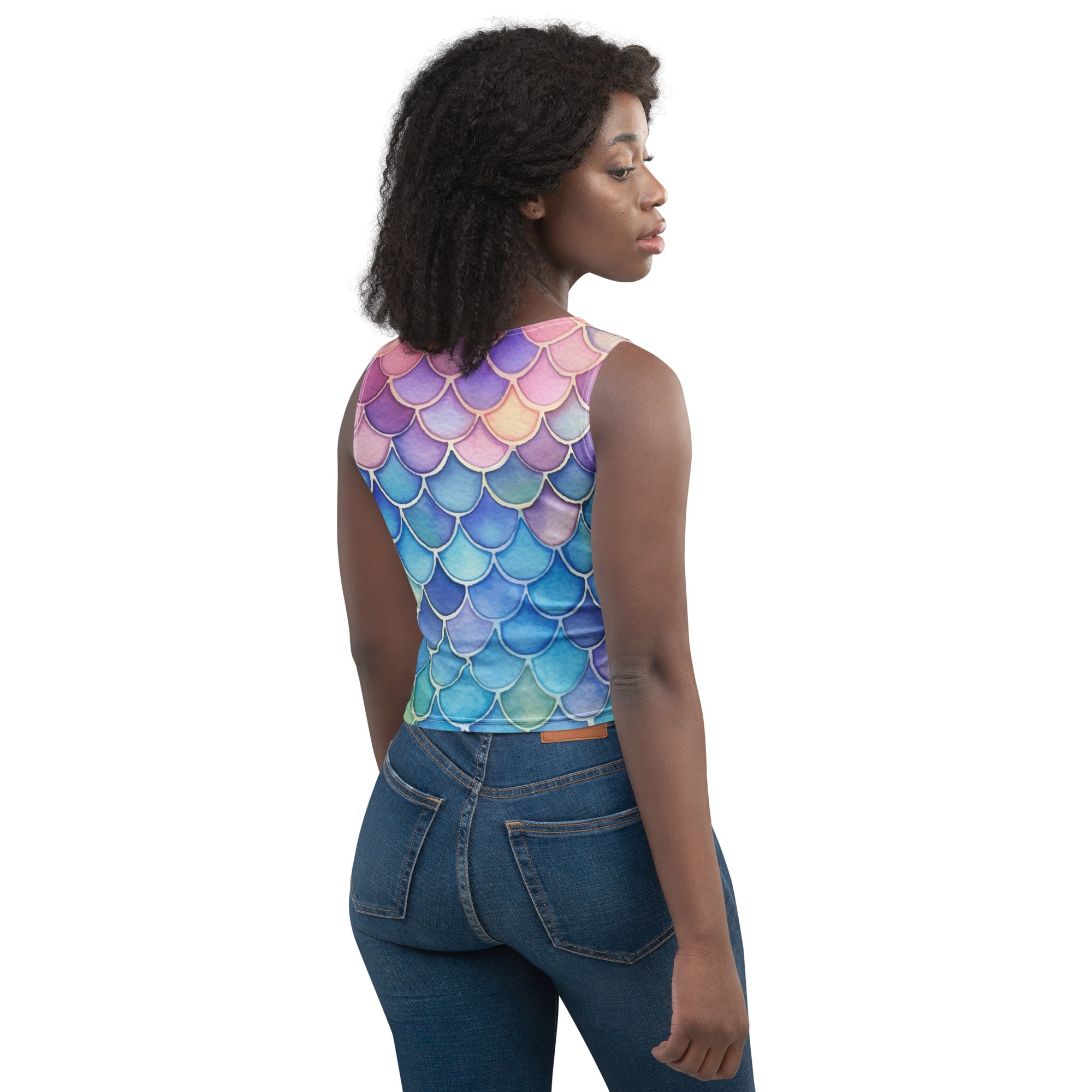 Women's Watercolor Mermaid Buttery Soft Crop Top- Quick-Drying UPF 50+ Stretch Top