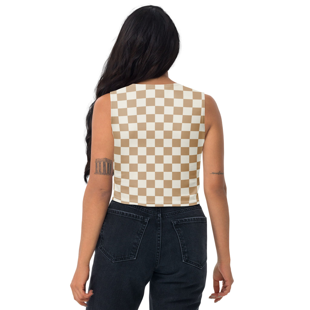Women's Tan Checkerboard Buttery Soft Crop Top- Quick-Drying UPF 50+ Stretch Top