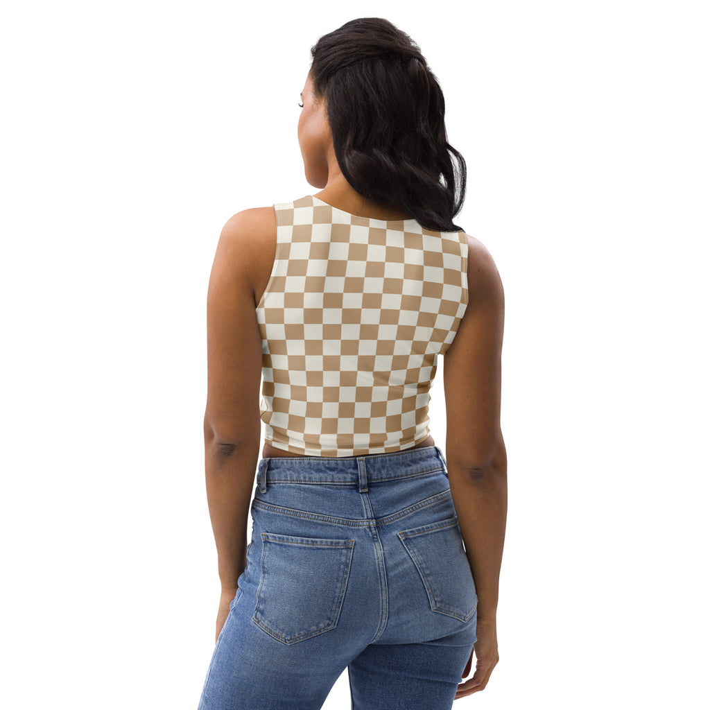 Women's Tan Checkerboard Buttery Soft Crop Top- Quick-Drying UPF 50+ Stretch Top