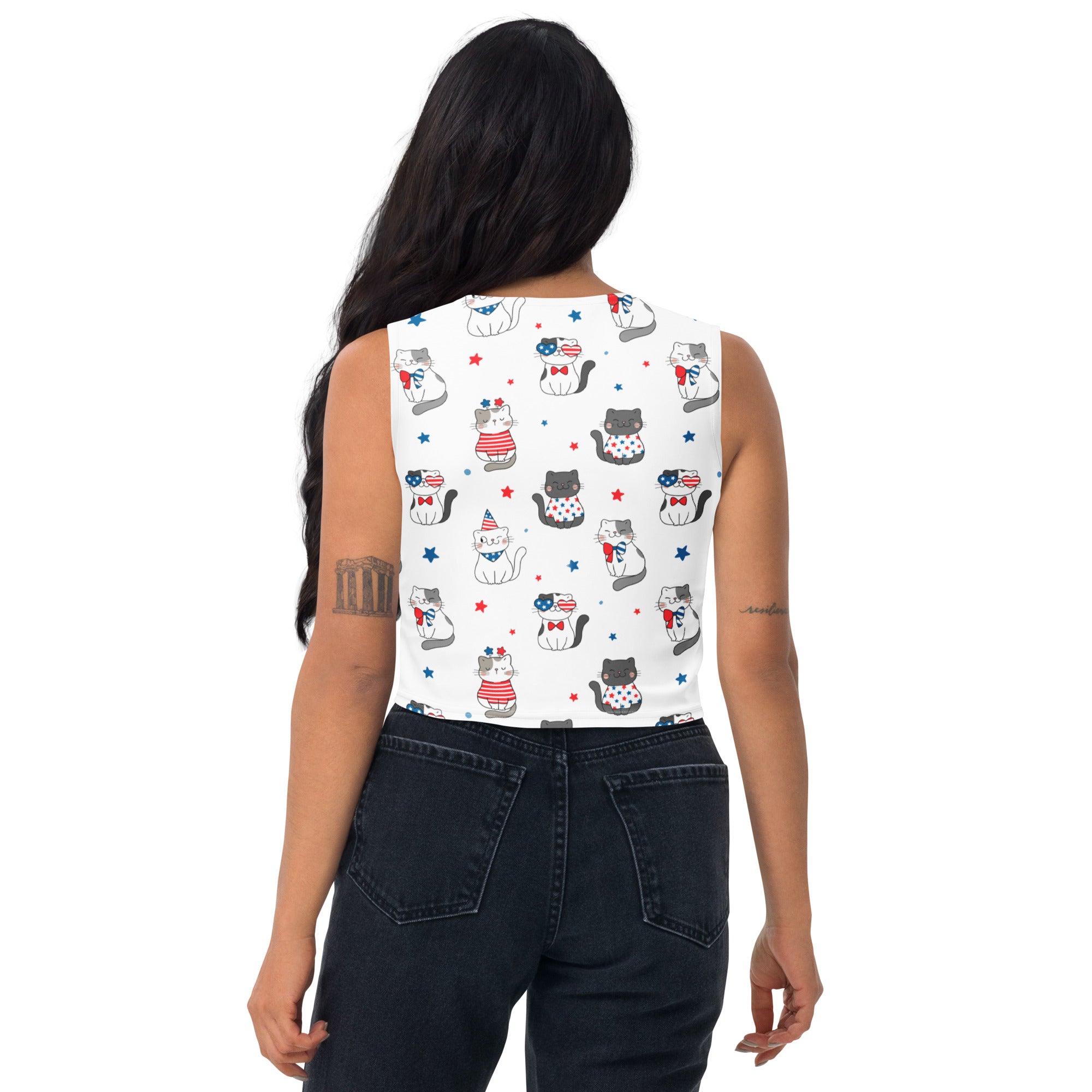 Women's Patriotic Cat Buttery Soft Crop Top- Quick-Drying UPF 50+ Stretch Top