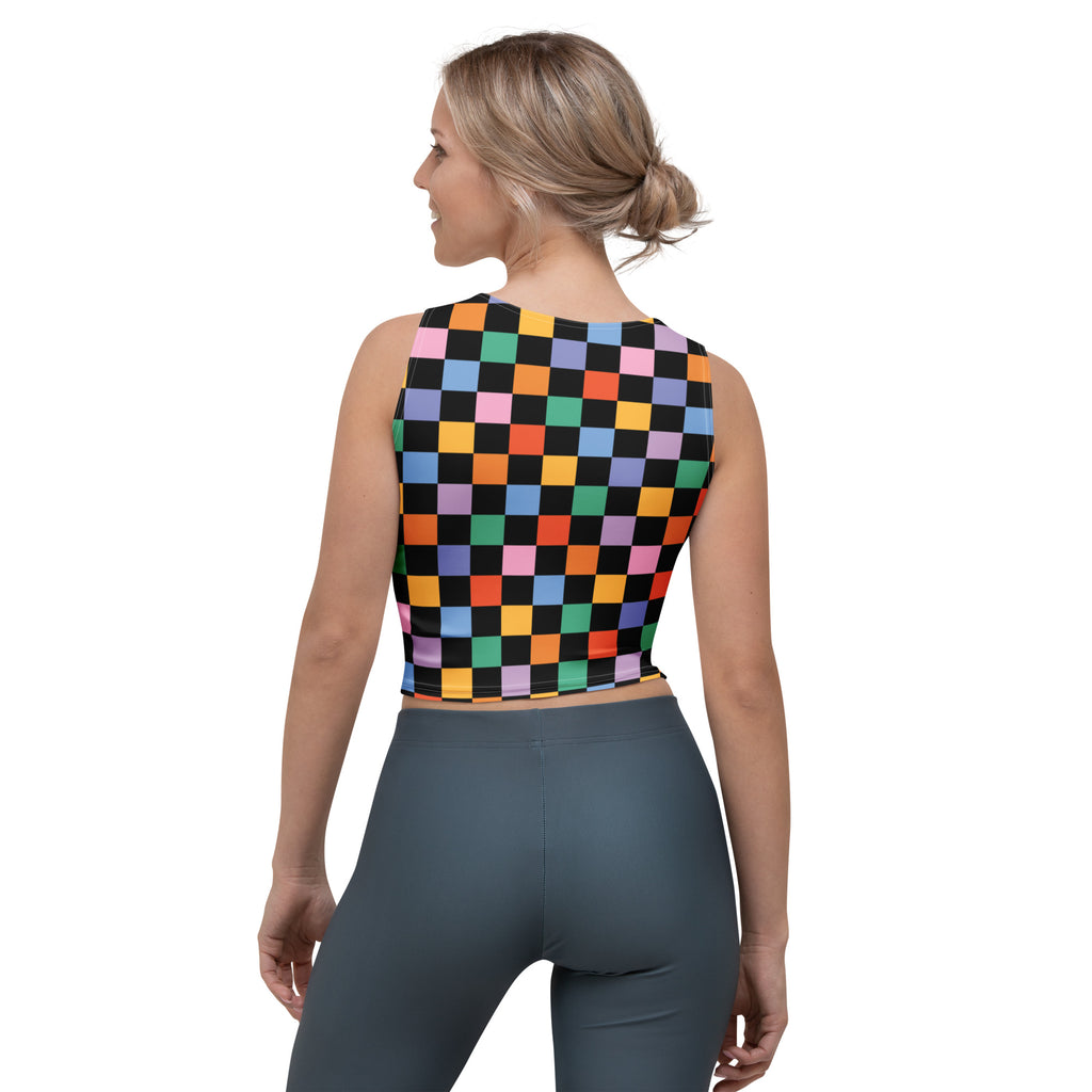 Women's Black Colorful Checkerboard Buttery Soft Crop Top- Quick-Drying UPF 50+ Stretch Top