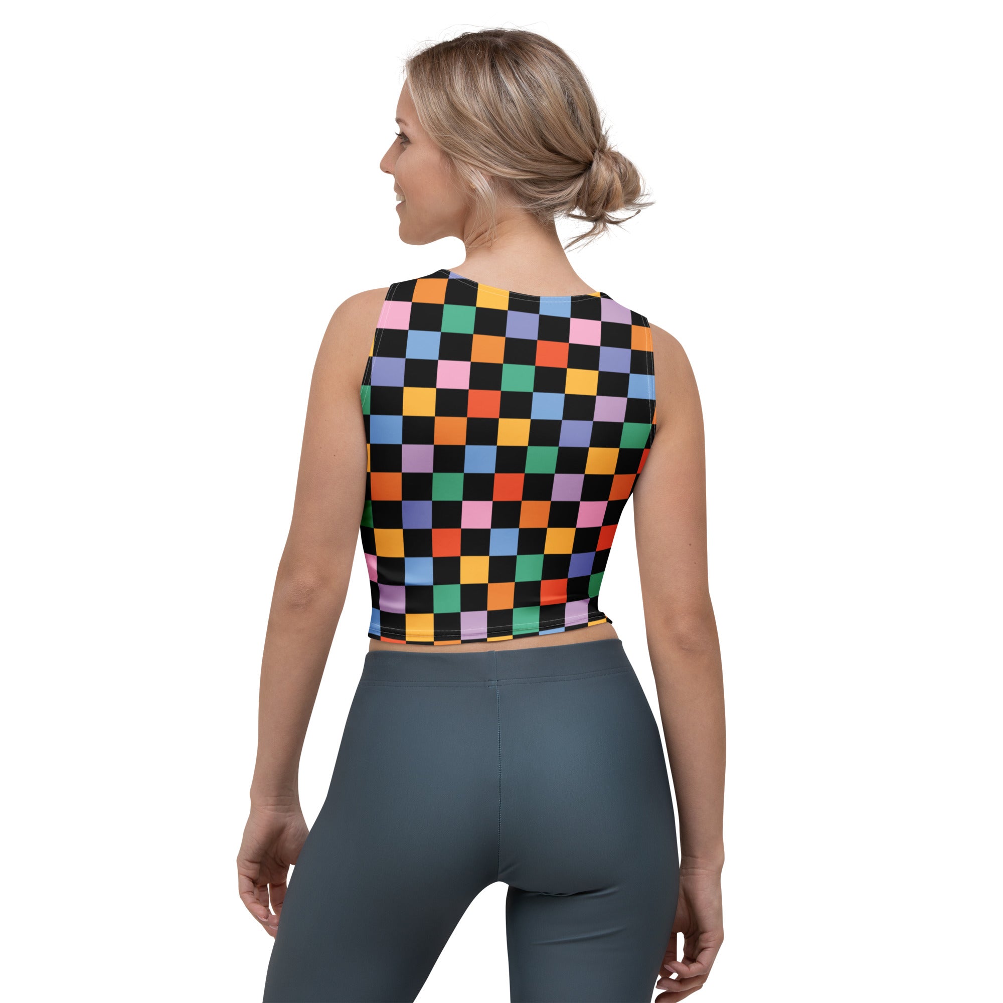 Women's Black Colorful Checkerboard Buttery Soft Crop Top- Quick-Drying UPF 50+ Stretch Top
