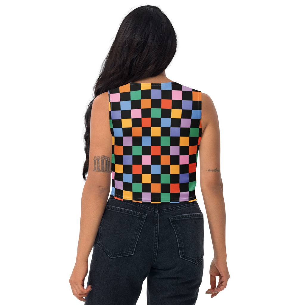 Women's Black Colorful Checkerboard Buttery Soft Crop Top- Quick-Drying UPF 50+ Stretch Top
