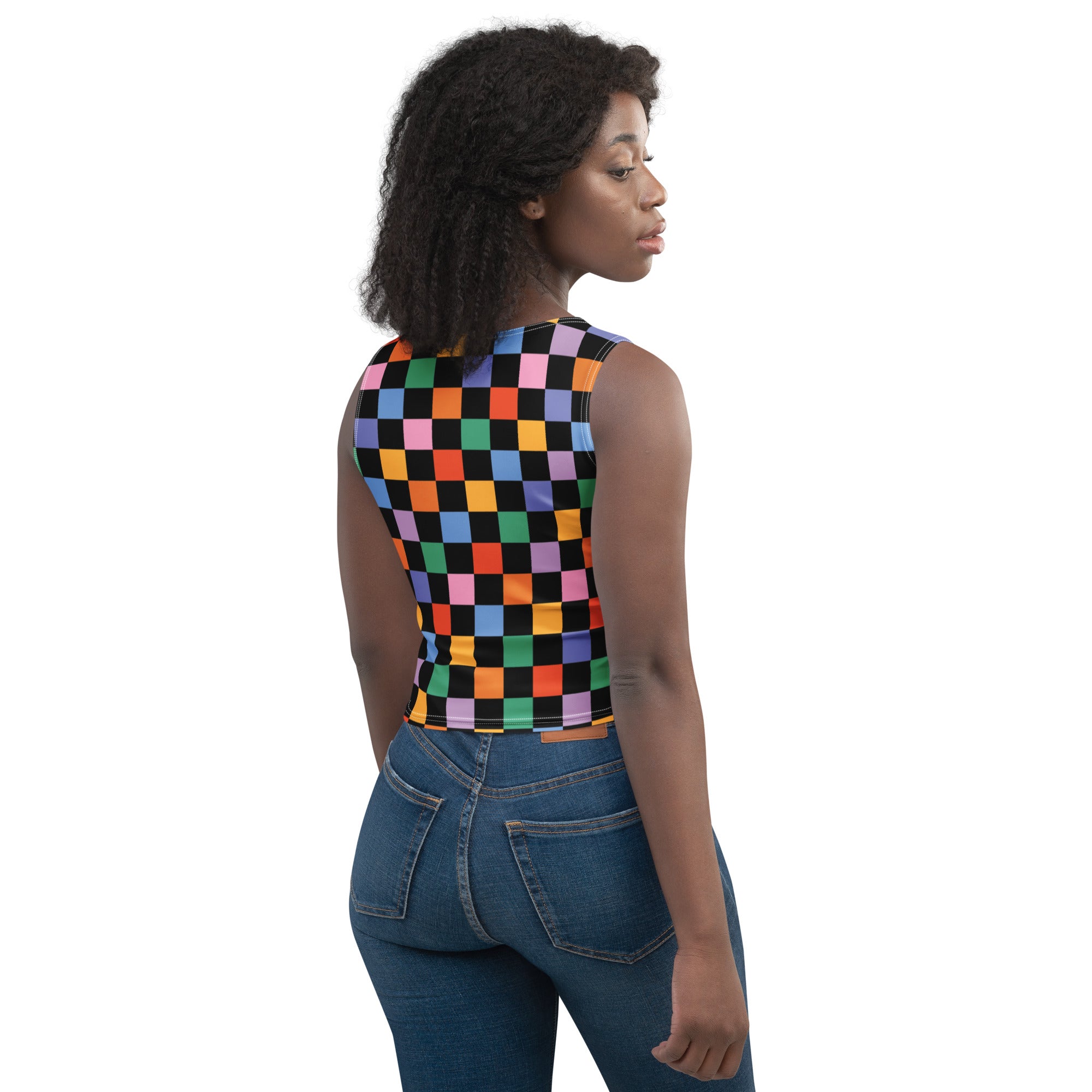 Women's Black Colorful Checkerboard Buttery Soft Crop Top- Quick-Drying UPF 50+ Stretch Top