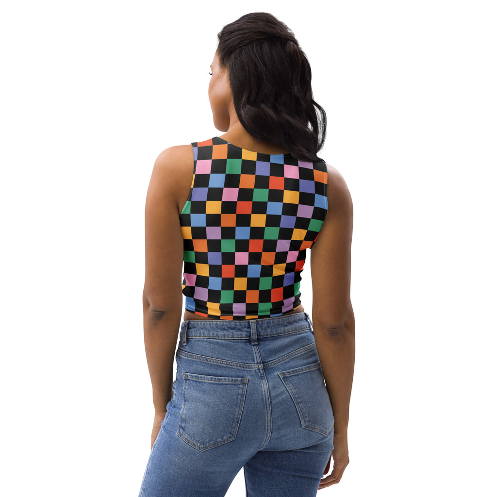 Women's Black Colorful Checkerboard Buttery Soft Crop Top- Quick-Drying UPF 50+ Stretch Top