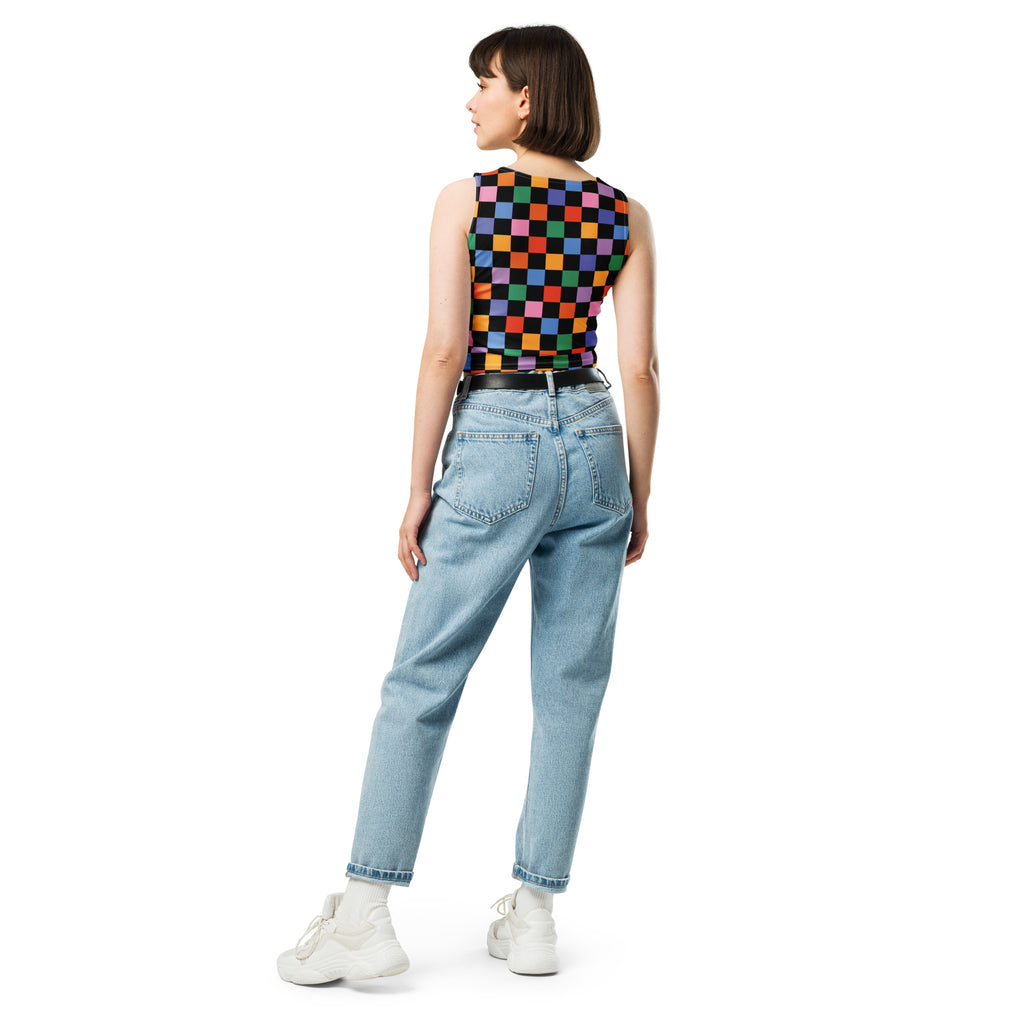 Women's Black Colorful Checkerboard Buttery Soft Crop Top- Quick-Drying UPF 50+ Stretch Top