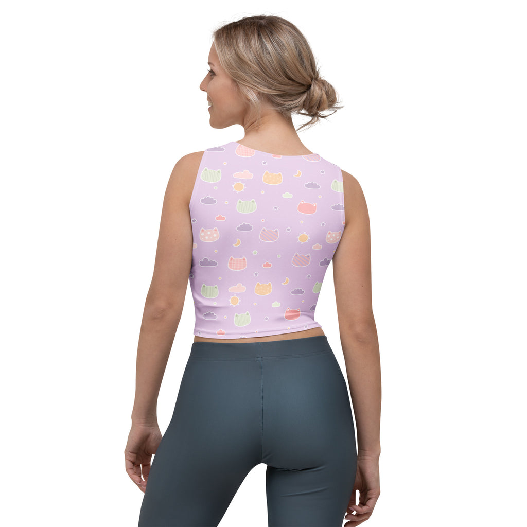 Women's Pastel Purple Kawaii Cats & Clouds Buttery Soft Crop Top- Quick-Drying UPF 50+ Stretch Top