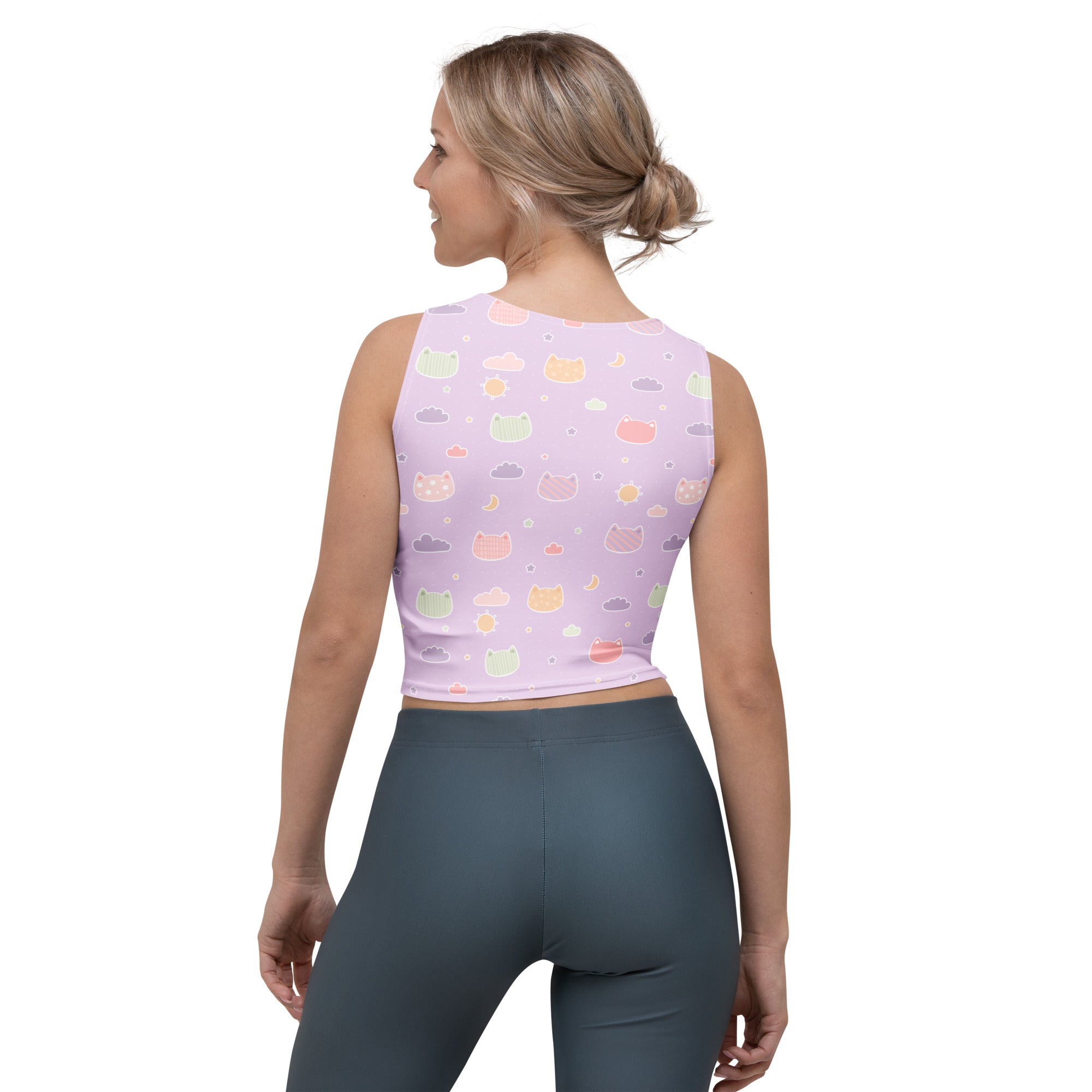Women's Pastel Purple Kawaii Cats & Clouds Buttery Soft Crop Top- Quick-Drying UPF 50+ Stretch Top