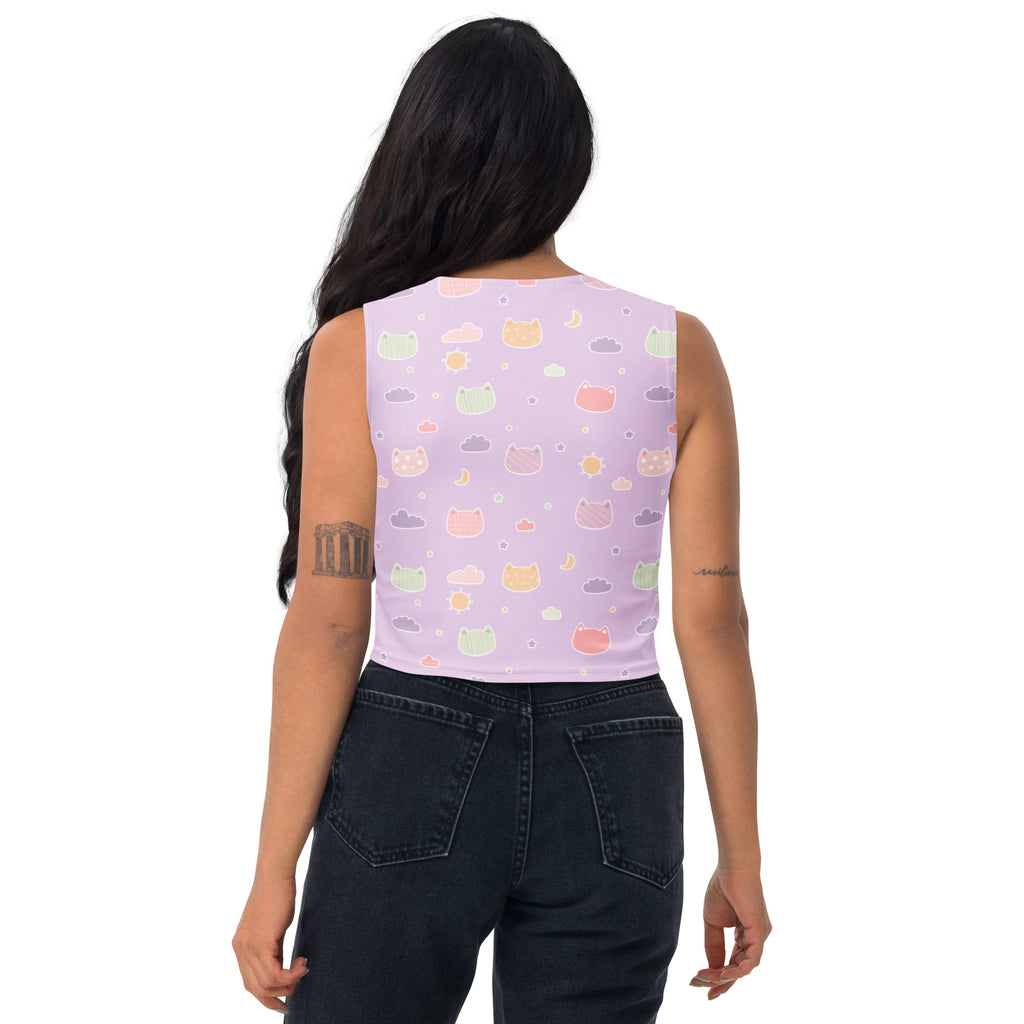 Women's Pastel Purple Kawaii Cats & Clouds Buttery Soft Crop Top- Quick-Drying UPF 50+ Stretch Top