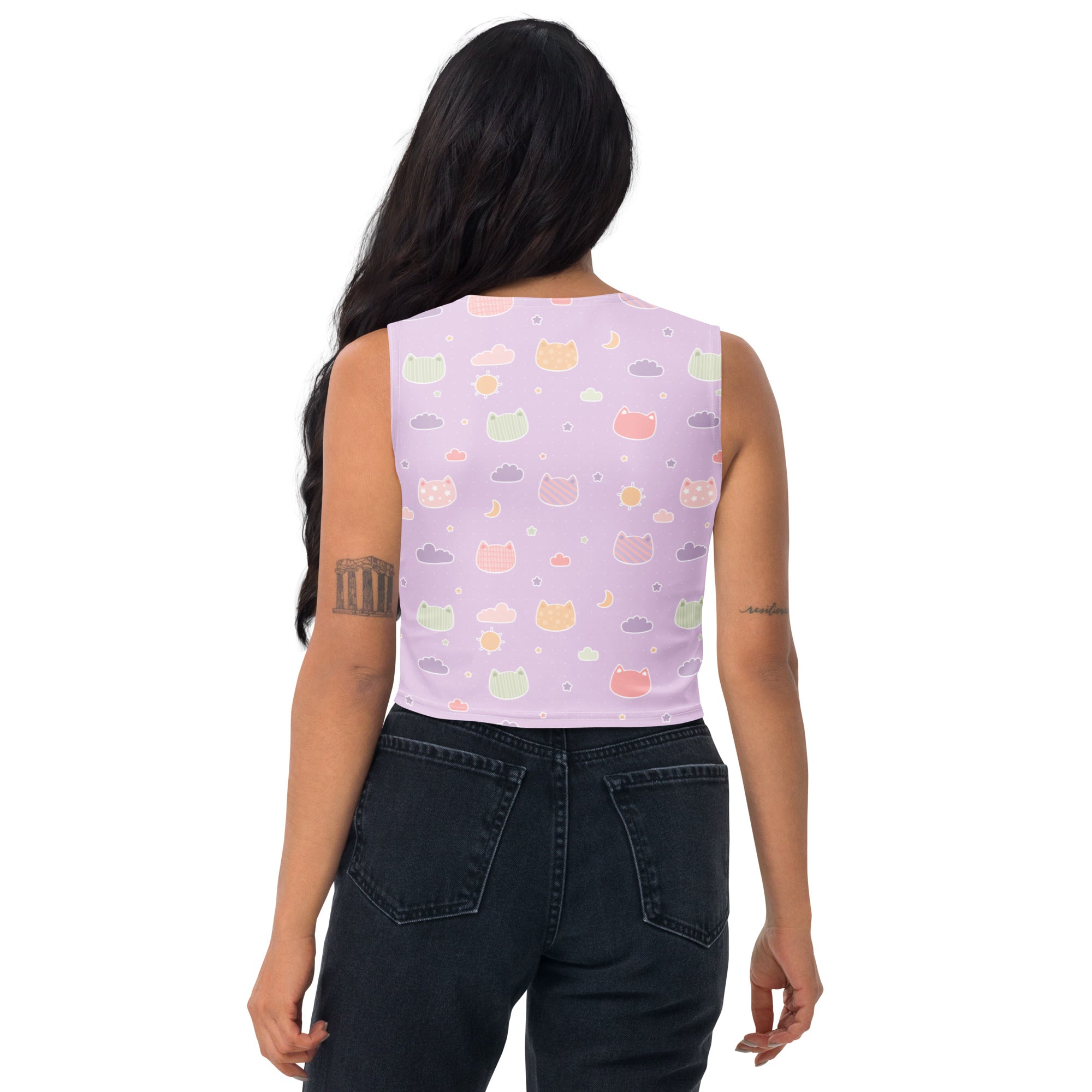 Women's Pastel Purple Kawaii Cats & Clouds Buttery Soft Crop Top- Quick-Drying UPF 50+ Stretch Top