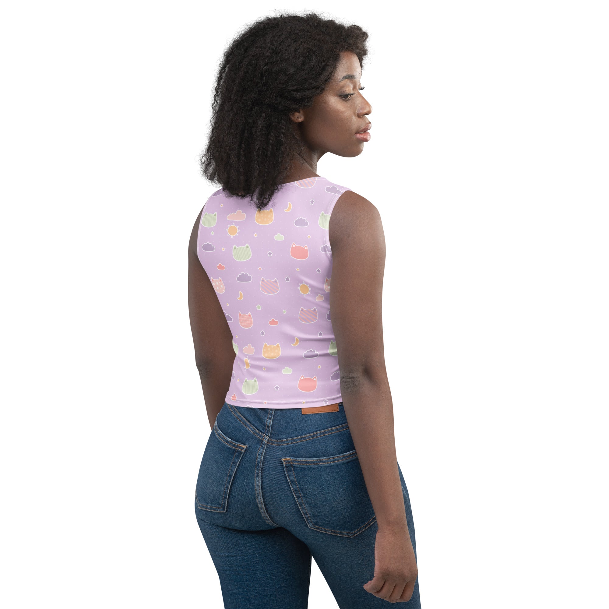 Women's Pastel Purple Kawaii Cats & Clouds Buttery Soft Crop Top- Quick-Drying UPF 50+ Stretch Top