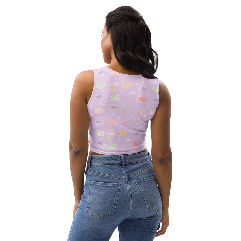 Women's Pastel Purple Kawaii Cats & Clouds Buttery Soft Crop Top- Quick-Drying UPF 50+ Stretch Top