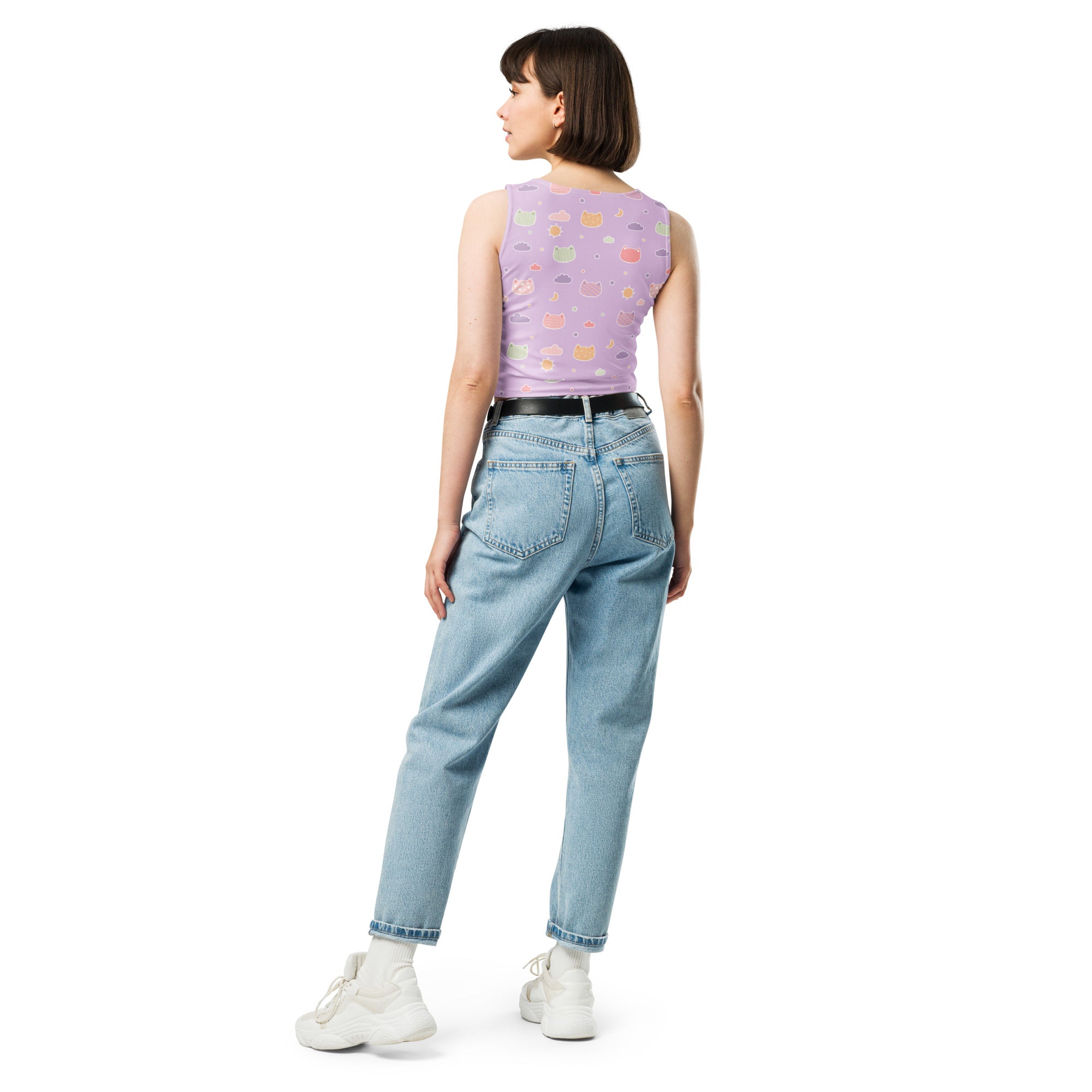 Women's Pastel Purple Kawaii Cats & Clouds Buttery Soft Crop Top- Quick-Drying UPF 50+ Stretch Top