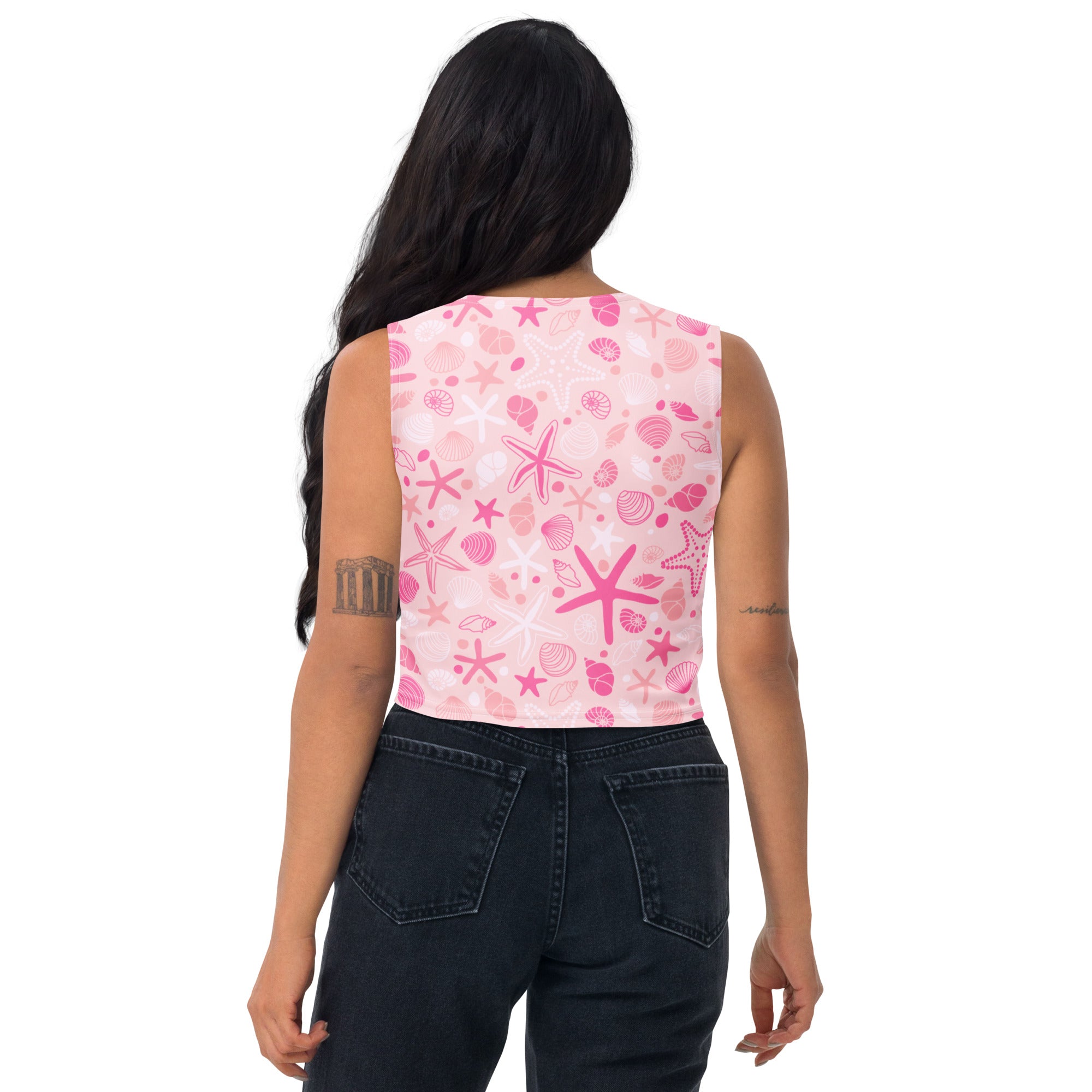 Women's Pink Starfish & Shells Buttery Soft Crop Top- Quick-Drying UPF 50+ Stretch Top