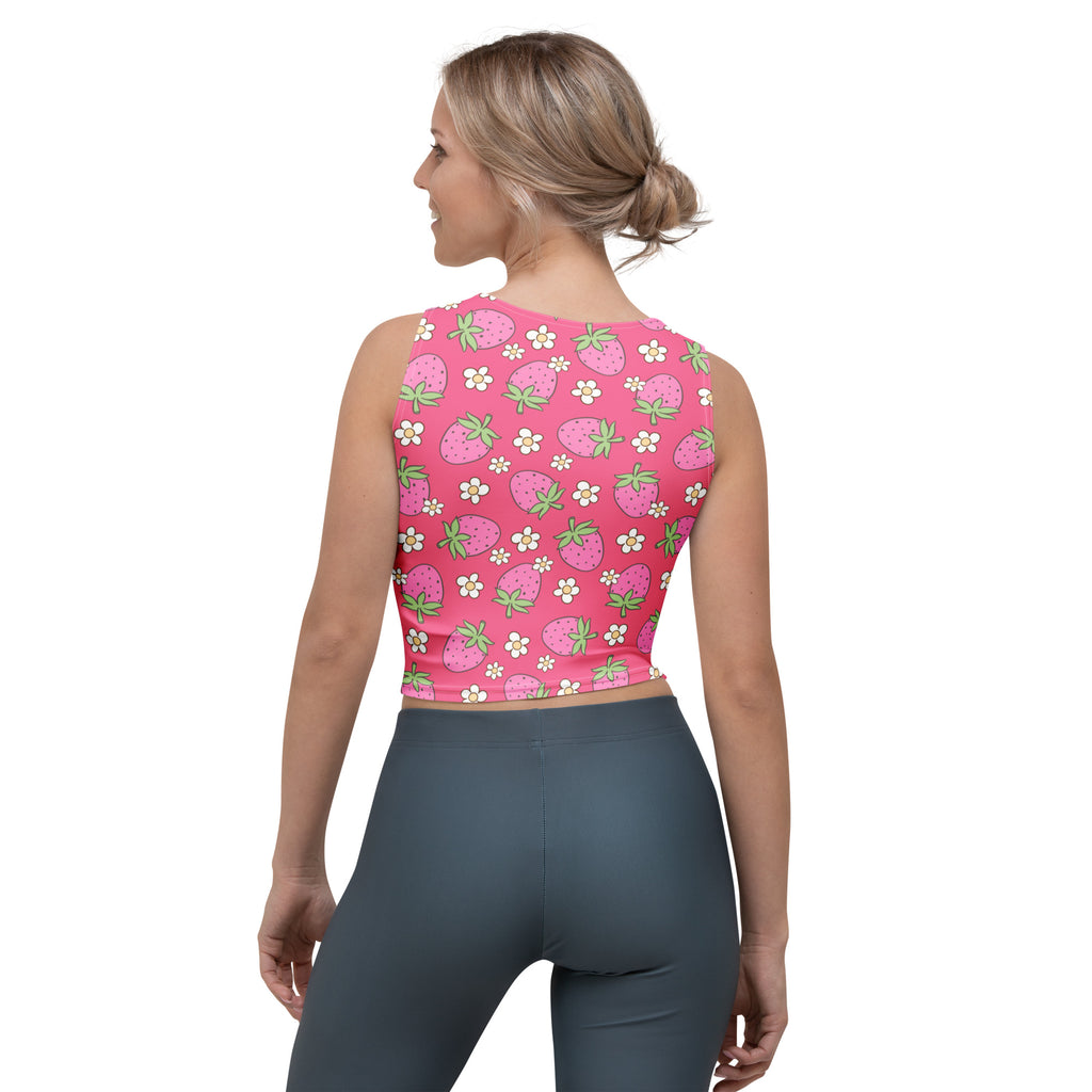 Women's Pink Strawberry Daisy Buttery Soft Crop Top- Quick-Drying UPF 50+ Stretch Top