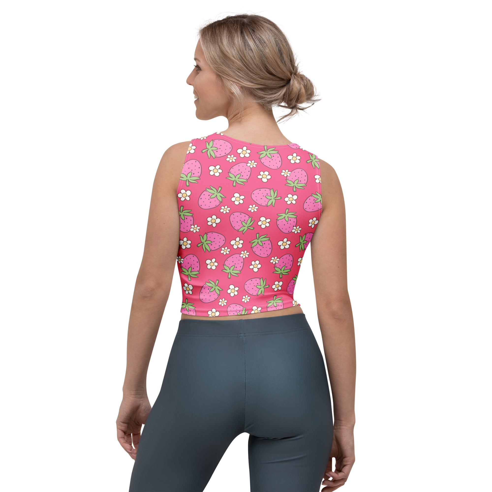 Women's Pink Strawberry Daisy Buttery Soft Crop Top- Quick-Drying UPF 50+ Stretch Top