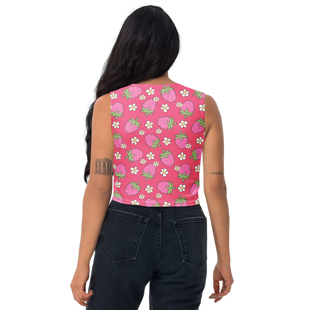 Women's Pink Strawberry Daisy Buttery Soft Crop Top- Quick-Drying UPF 50+ Stretch Top