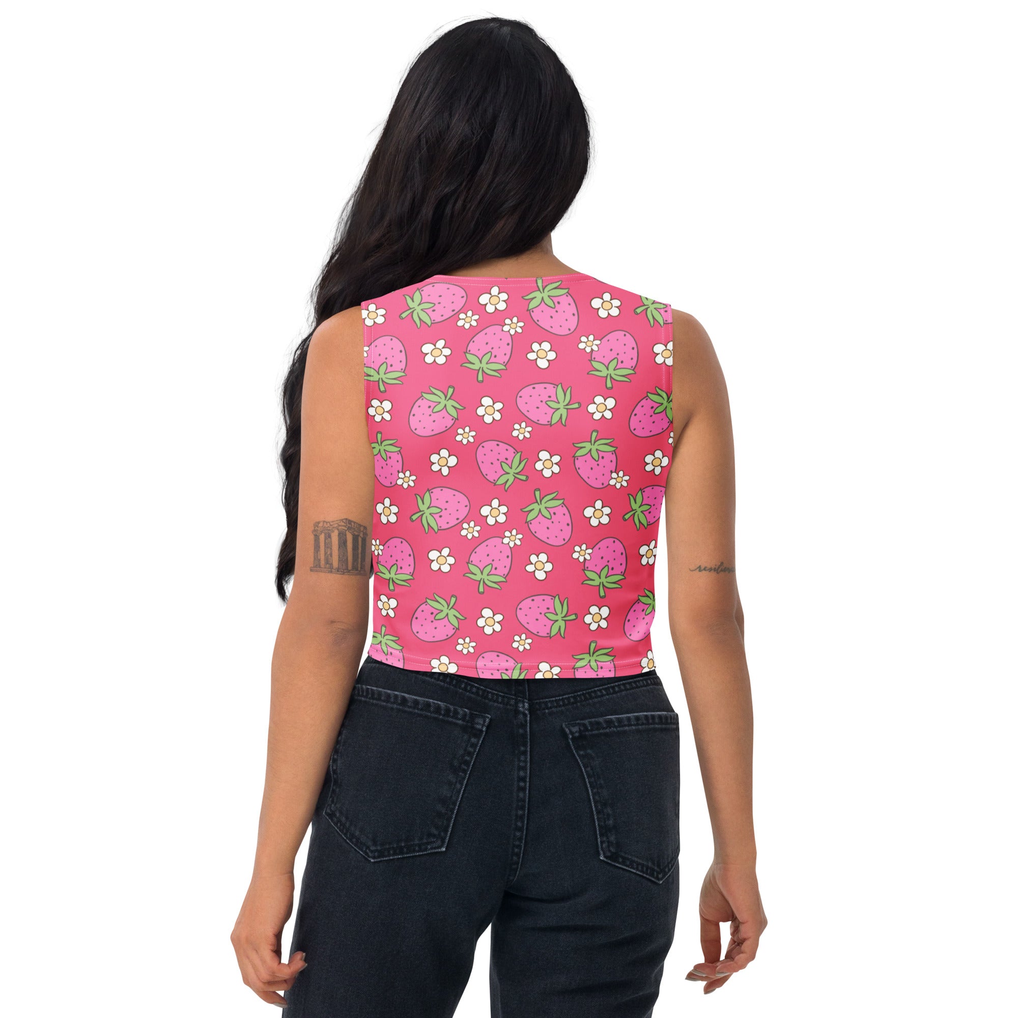 Women's Pink Strawberry Daisy Buttery Soft Crop Top- Quick-Drying UPF 50+ Stretch Top