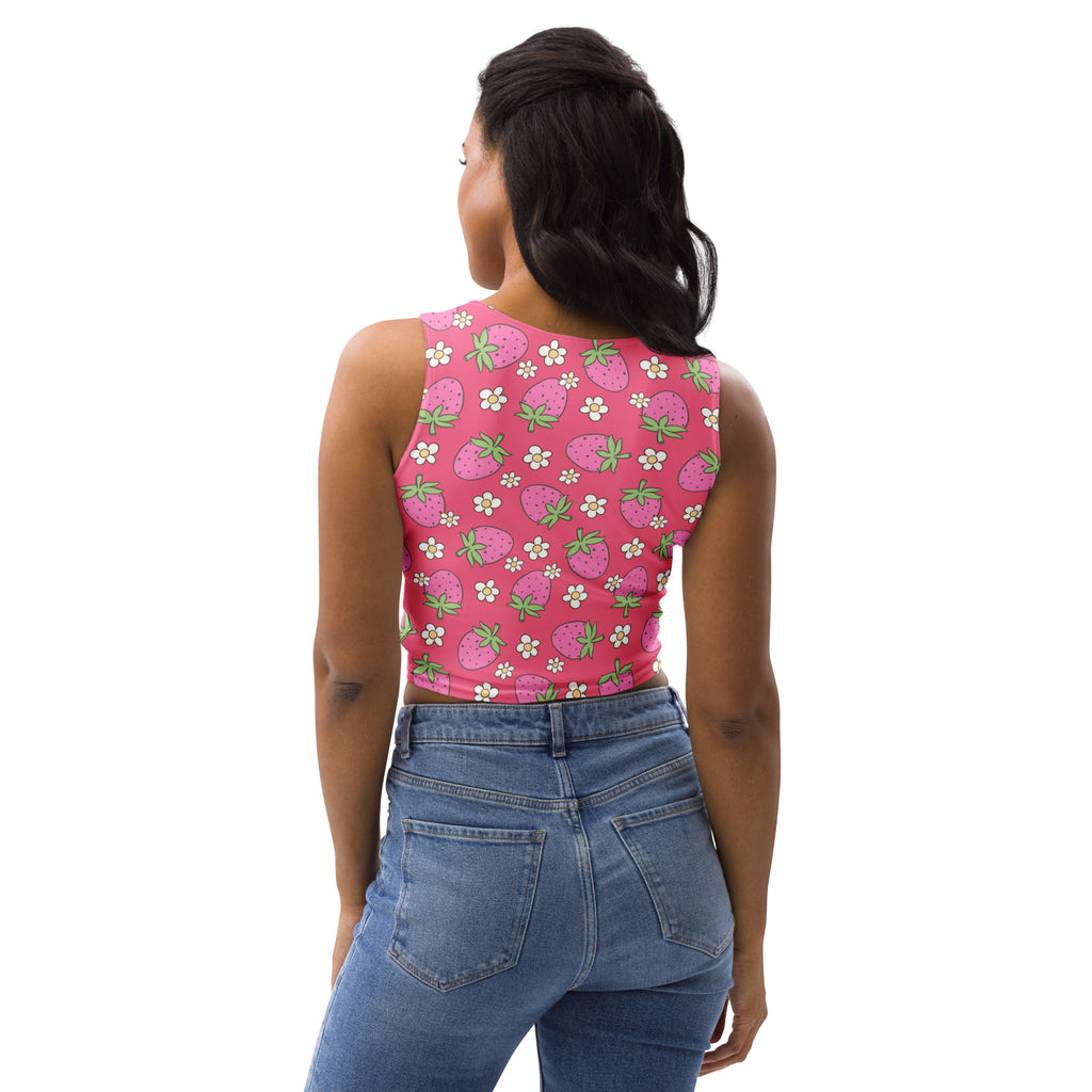 Women's Pink Strawberry Daisy Buttery Soft Crop Top- Quick-Drying UPF 50+ Stretch Top