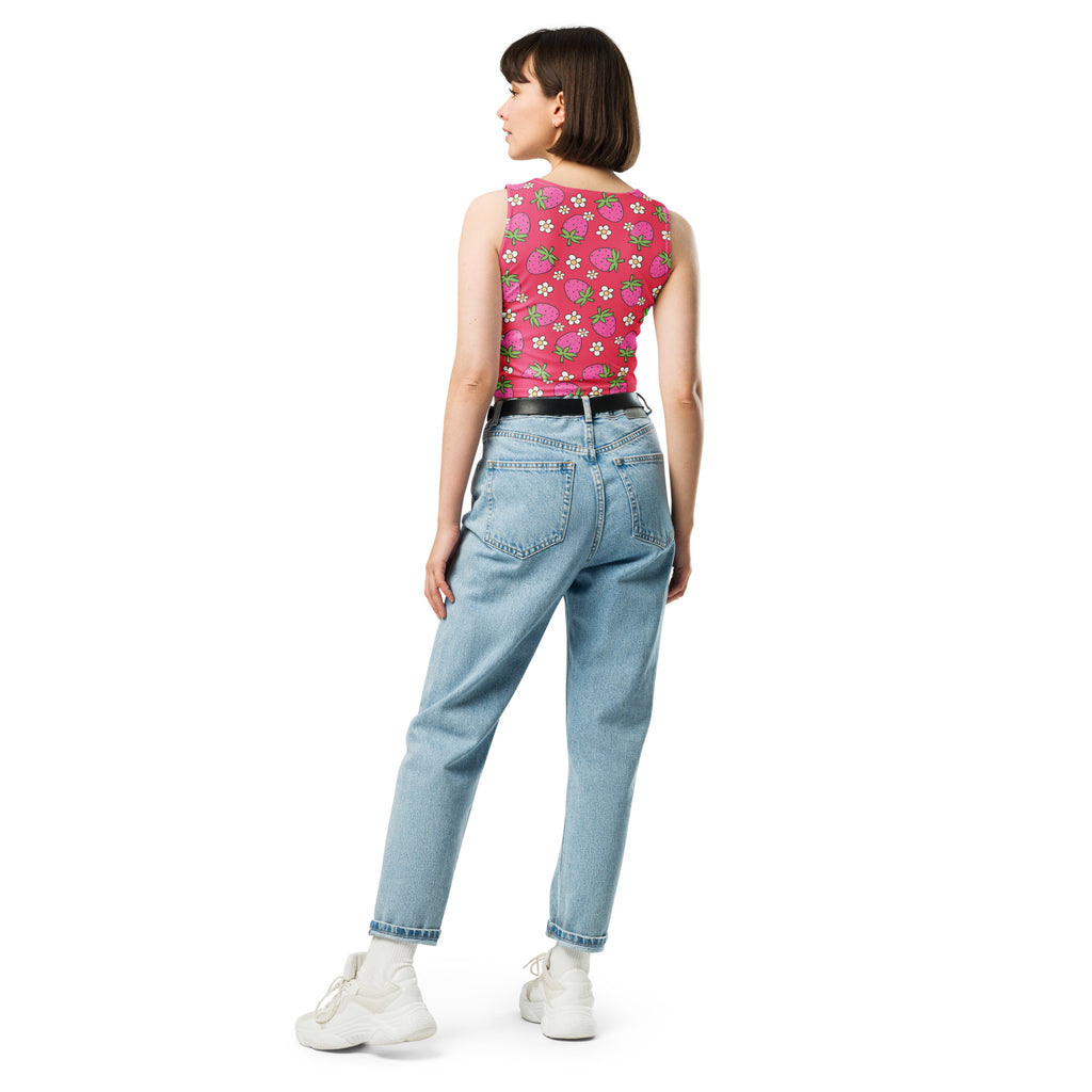 Women's Pink Strawberry Daisy Buttery Soft Crop Top- Quick-Drying UPF 50+ Stretch Top