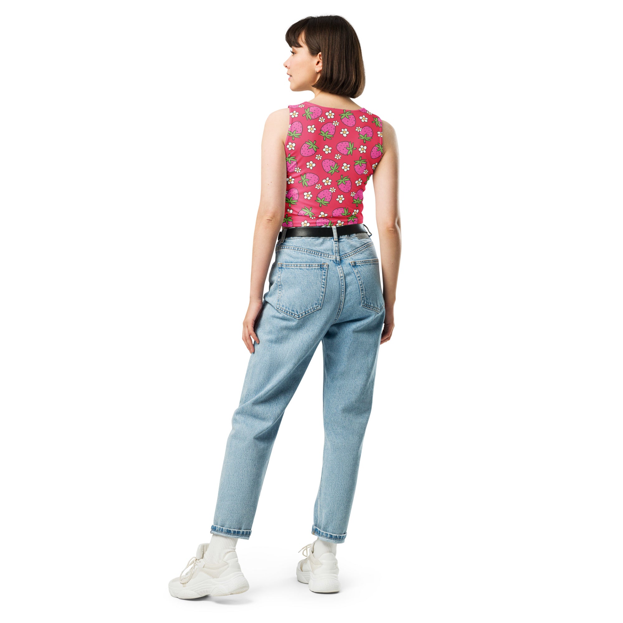 Women's Pink Strawberry Daisy Buttery Soft Crop Top- Quick-Drying UPF 50+ Stretch Top