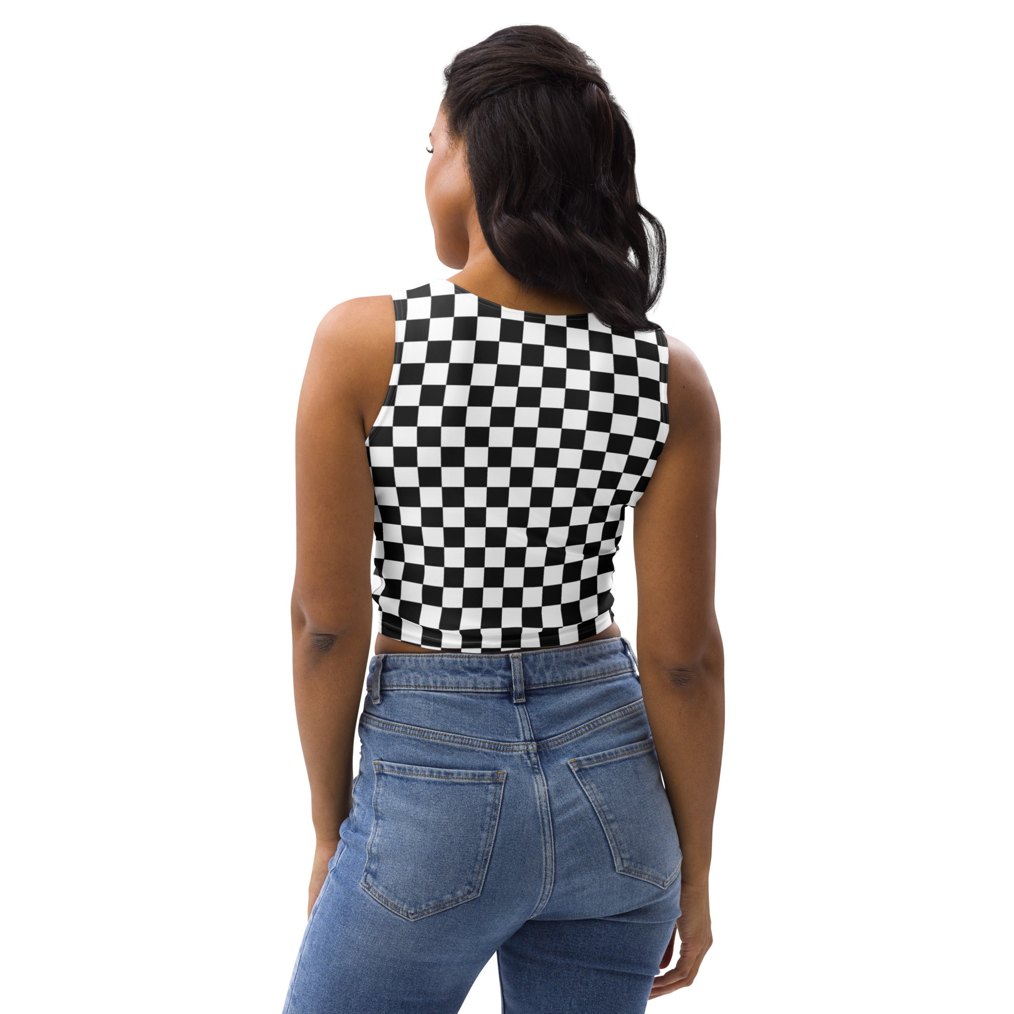 Women's Black Checkered Buttery Soft Crop Top- Quick-Drying UPF 50+ Stretch Top