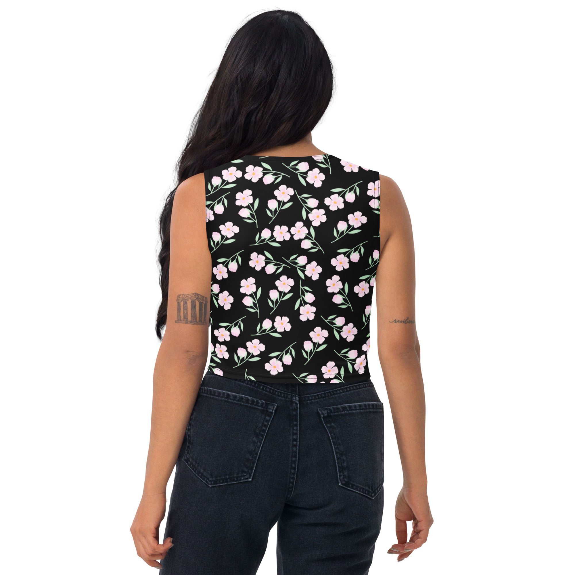 Women's Black Floral Buttery Soft Crop Top- Quick-Drying UPF 50+ Stretch Top
