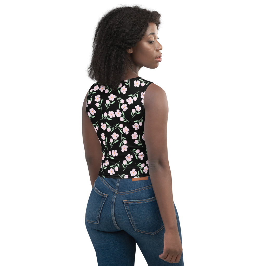 Women's Black Floral Buttery Soft Crop Top- Quick-Drying UPF 50+ Stretch Top