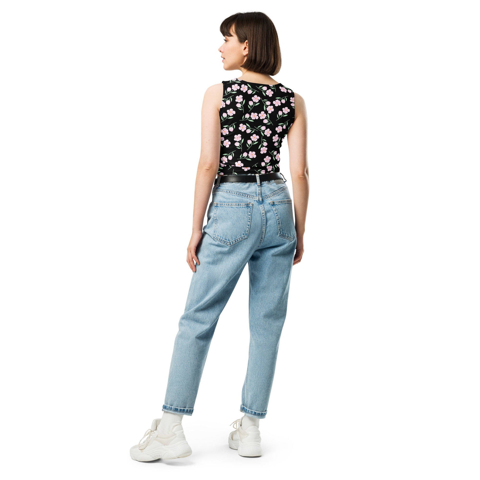 Women's Black Floral Buttery Soft Crop Top- Quick-Drying UPF 50+ Stretch Top