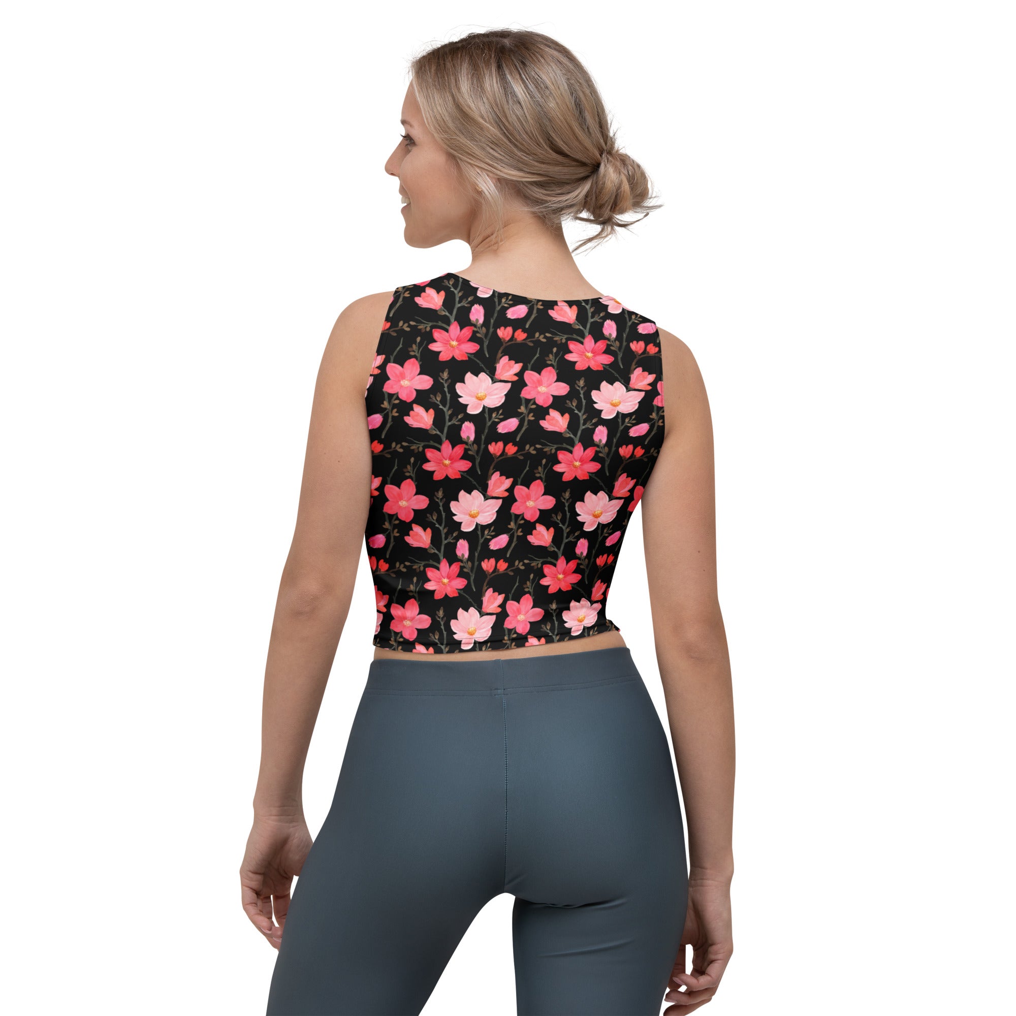 Women's Watercolor Pink Flowers Buttery Soft Crop Top- Quick-Drying UPF 50+ Stretch Top