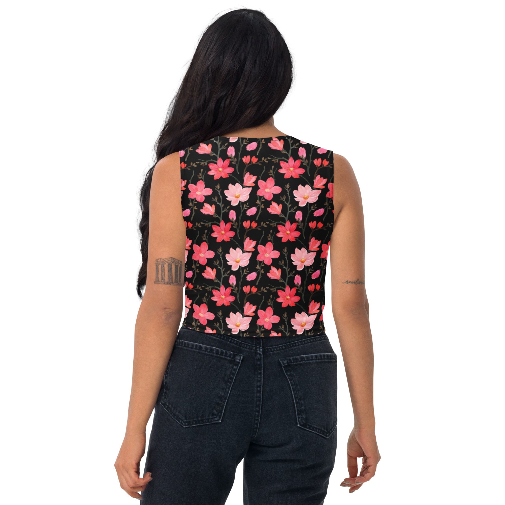 Women's Watercolor Pink Flowers Buttery Soft Crop Top- Quick-Drying UPF 50+ Stretch Top