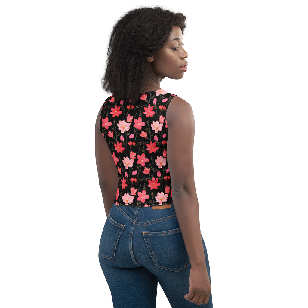 Women's Watercolor Pink Flowers Buttery Soft Crop Top- Quick-Drying UPF 50+ Stretch Top