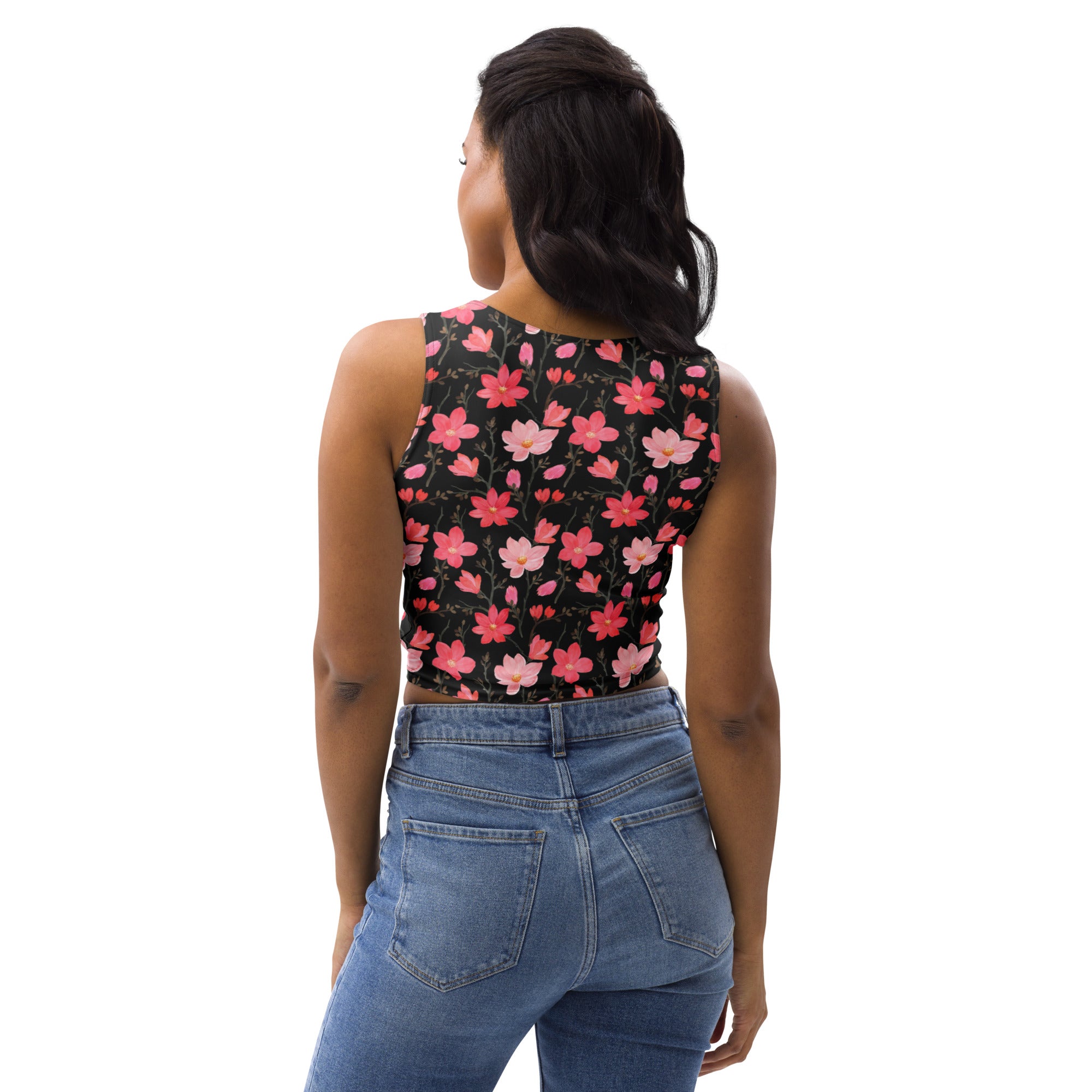 Women's Watercolor Pink Flowers Buttery Soft Crop Top- Quick-Drying UPF 50+ Stretch Top