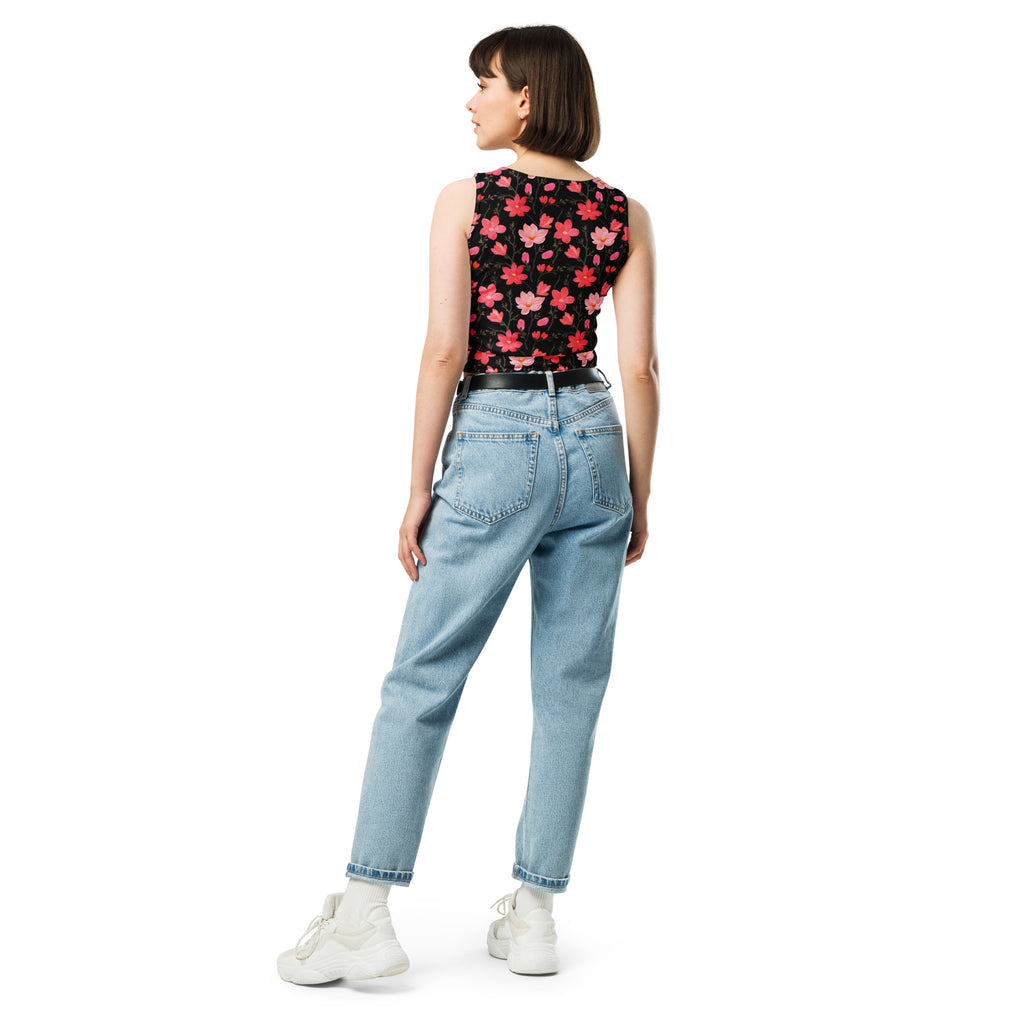 Women's Watercolor Pink Flowers Buttery Soft Crop Top- Quick-Drying UPF 50+ Stretch Top