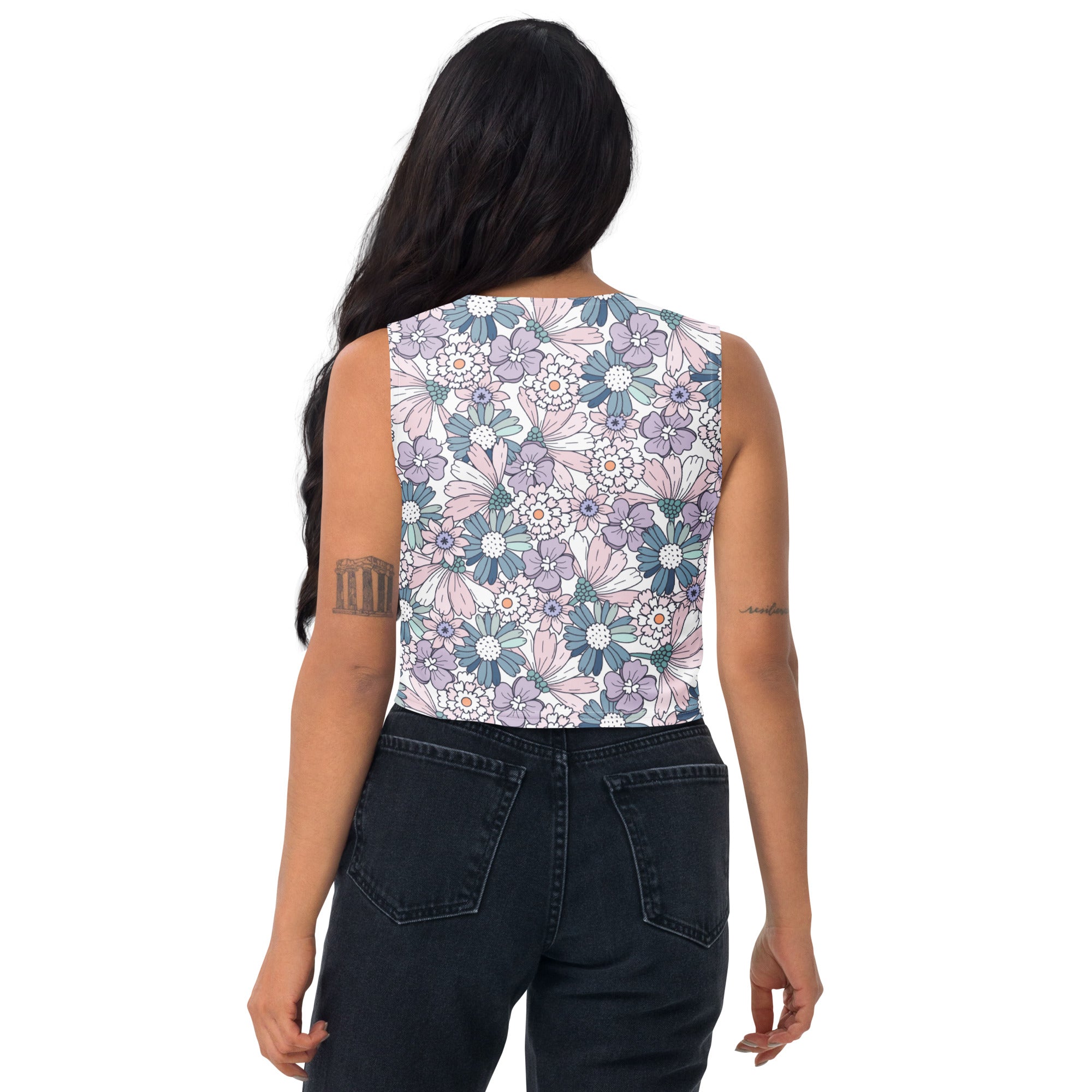 Women's Pastel Purple Daisy Buttery Soft Crop Top- Quick-Drying UPF 50+ Stretch Top