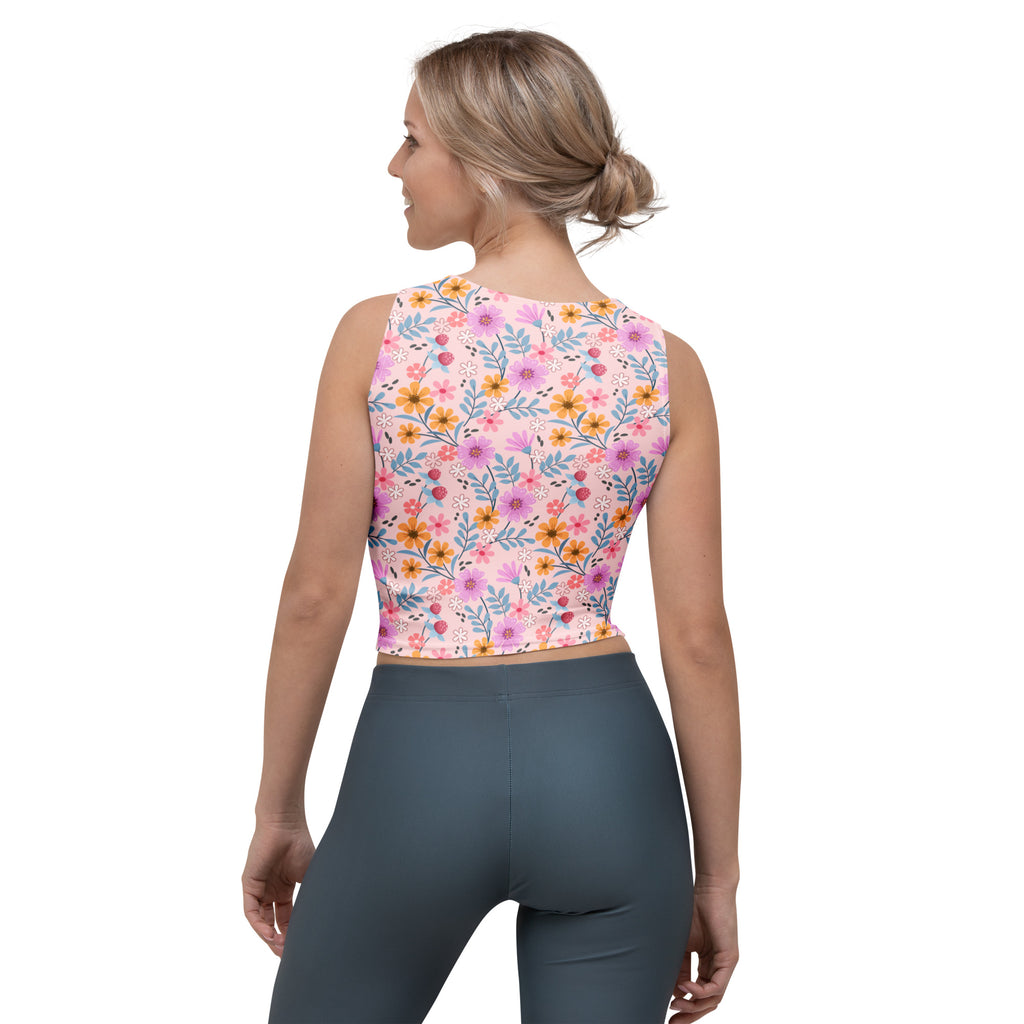 Women's Pink Floral Garden Buttery Soft Crop Top- Quick-Drying UPF 50+ Stretch Top