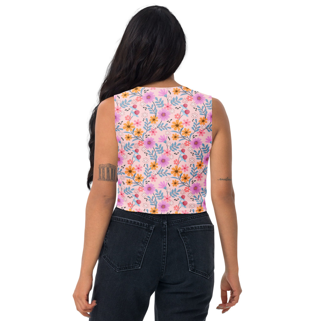 Women's Pink Floral Garden Buttery Soft Crop Top- Quick-Drying UPF 50+ Stretch Top