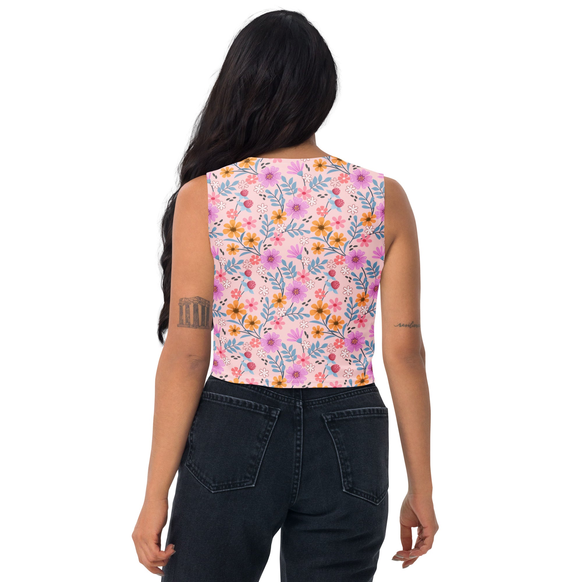 Women's Pink Floral Garden Buttery Soft Crop Top- Quick-Drying UPF 50+ Stretch Top