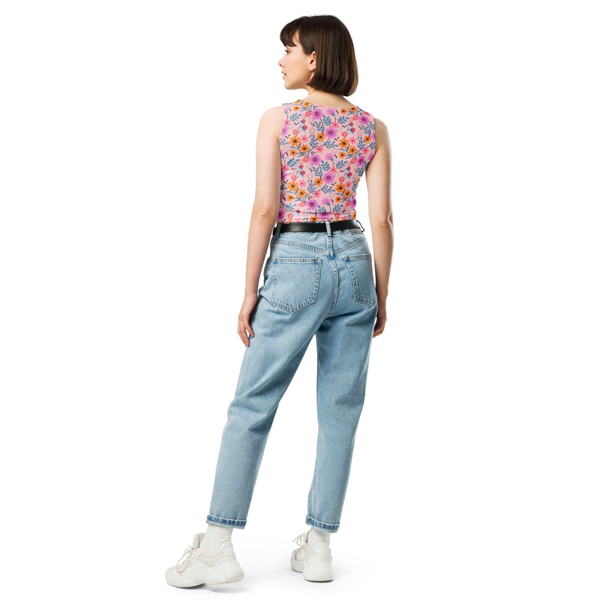 Women's Pink Floral Garden Buttery Soft Crop Top- Quick-Drying UPF 50+ Stretch Top