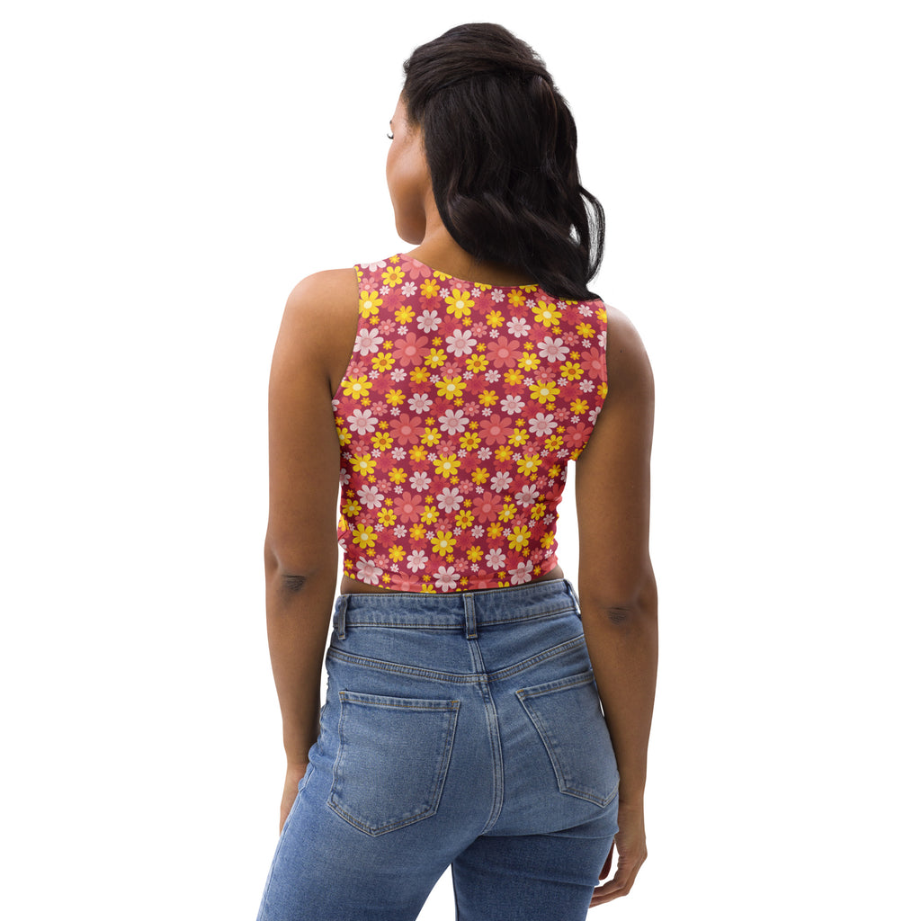 Women's Red Floral Garden Buttery Soft Crop Top- Quick-Drying UPF 50+ Stretch Top