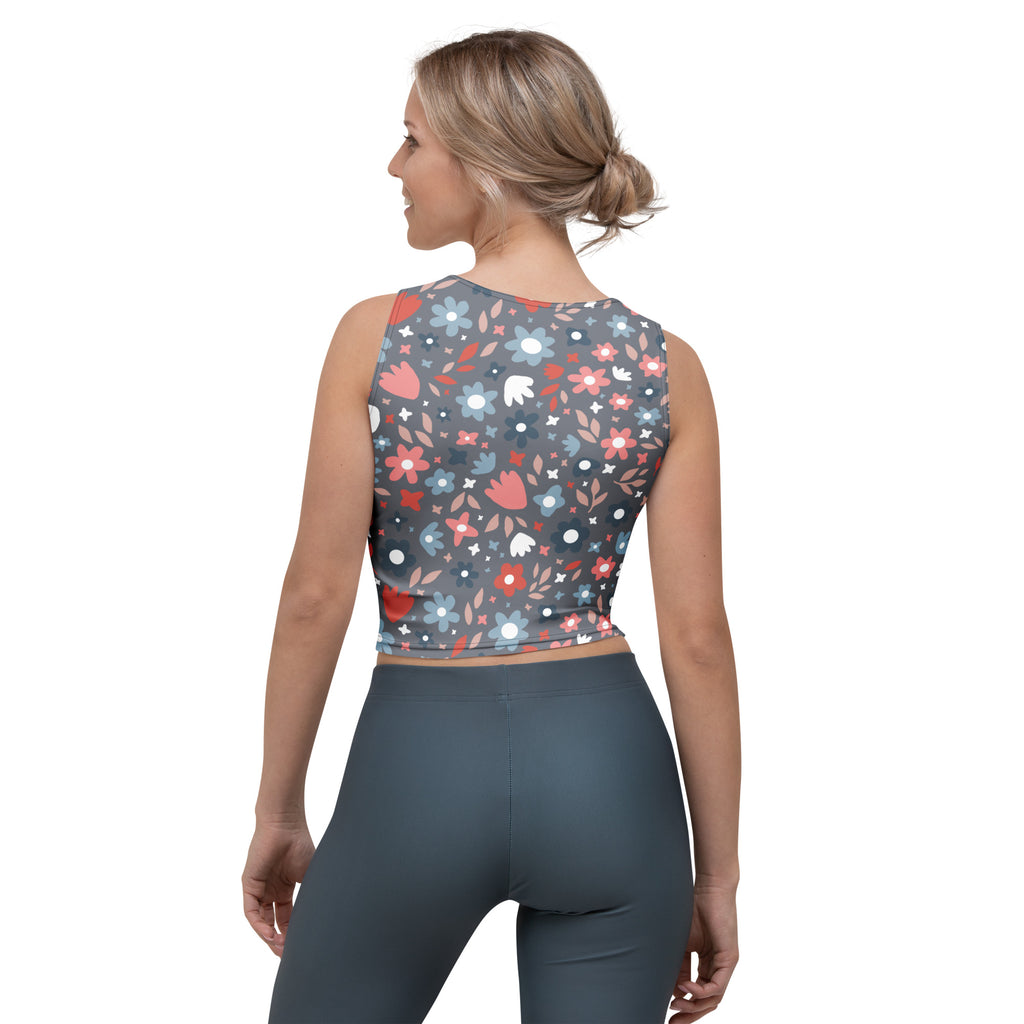 Women's Gray Floral Buttery Soft Crop Top- Quick-Drying UPF 50+ Stretch Top