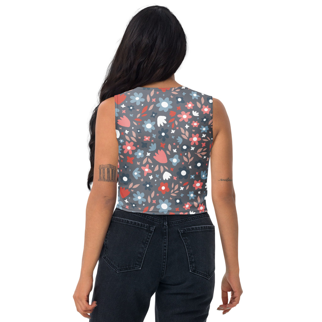 Women's Gray Floral Buttery Soft Crop Top- Quick-Drying UPF 50+ Stretch Top