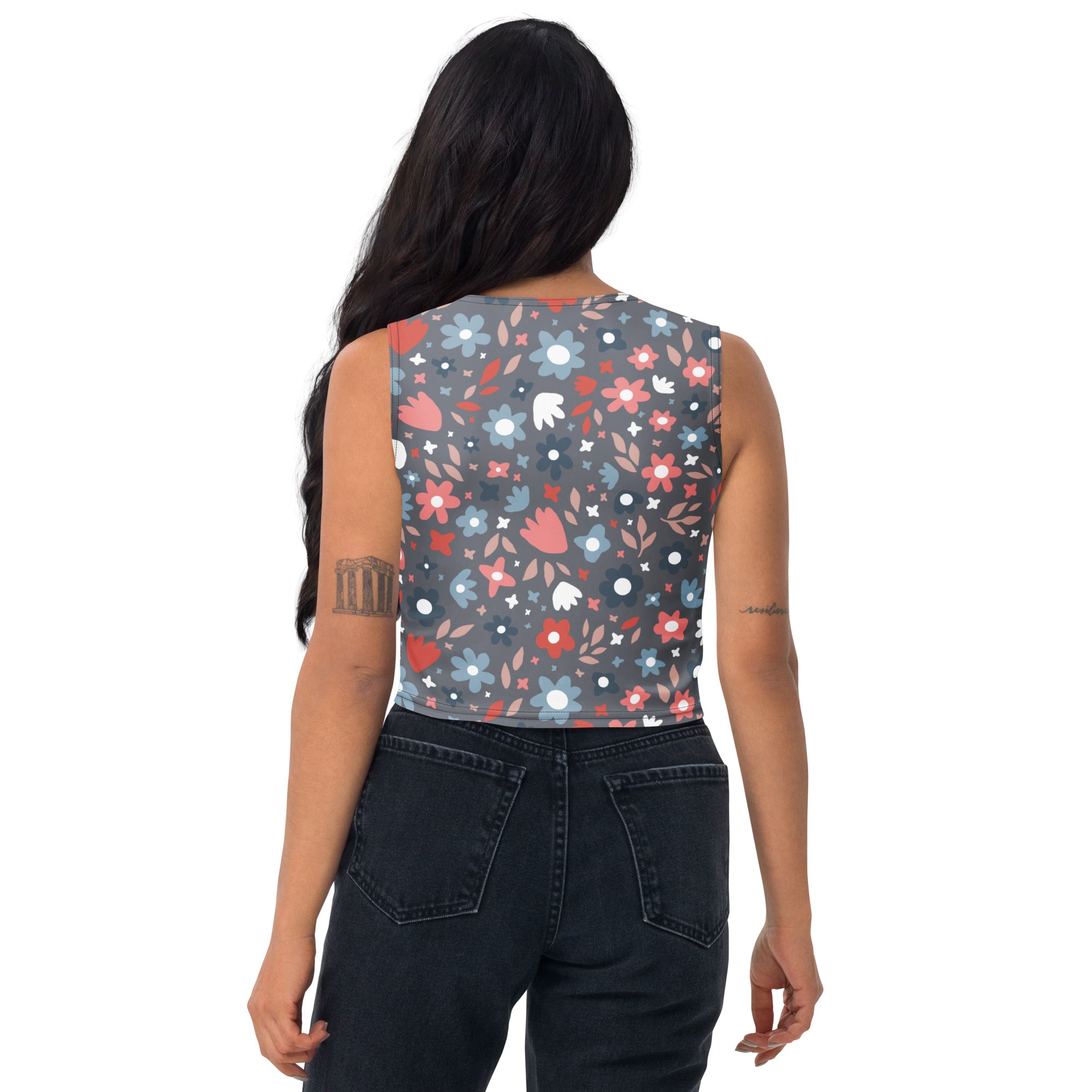 Women's Gray Floral Buttery Soft Crop Top- Quick-Drying UPF 50+ Stretch Top