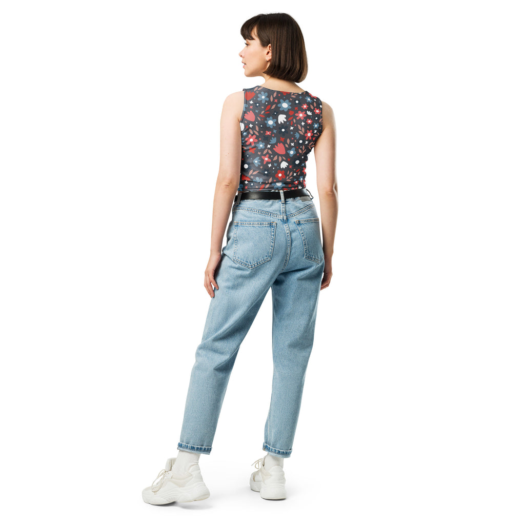 Women's Gray Floral Buttery Soft Crop Top- Quick-Drying UPF 50+ Stretch Top