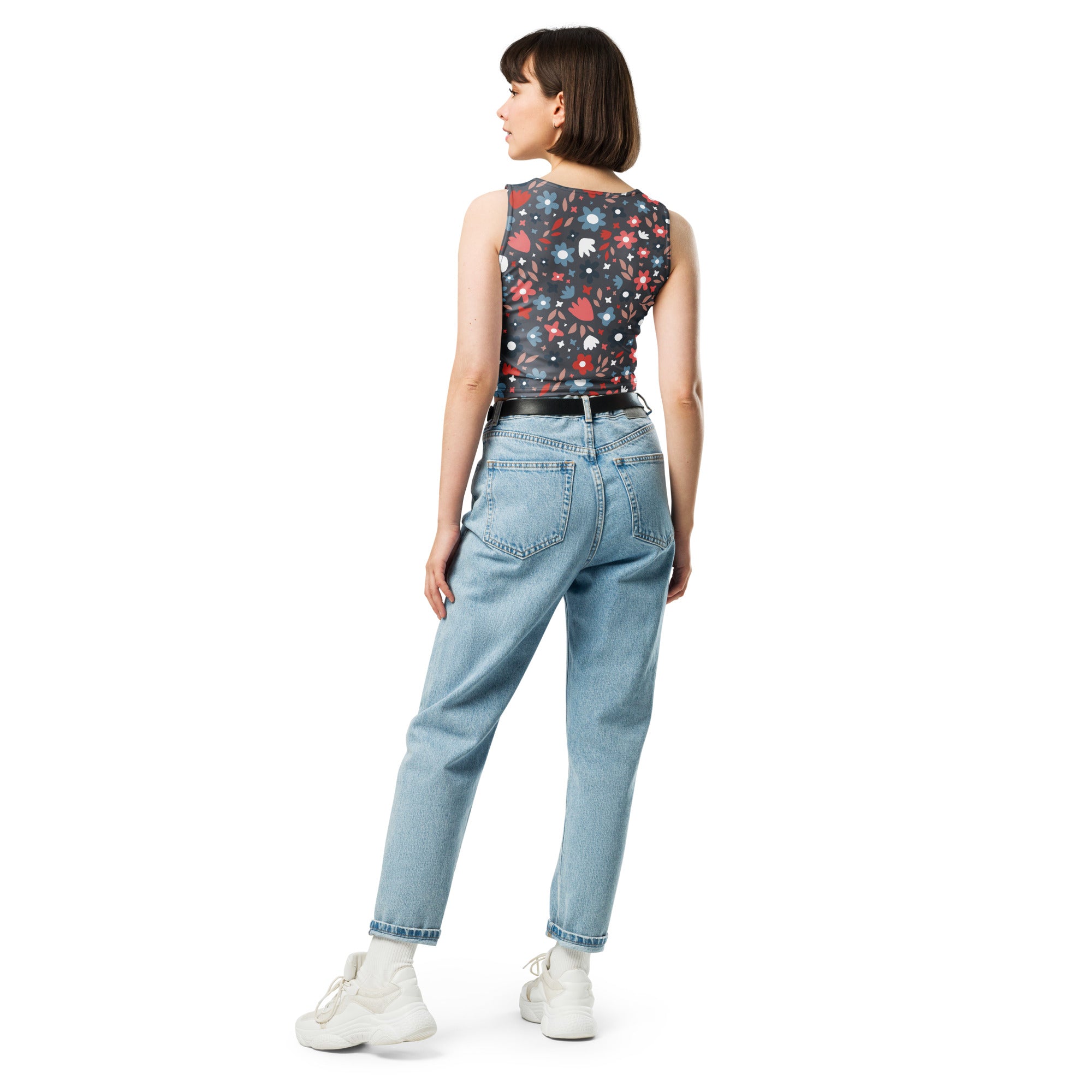 Women's Gray Floral Buttery Soft Crop Top- Quick-Drying UPF 50+ Stretch Top