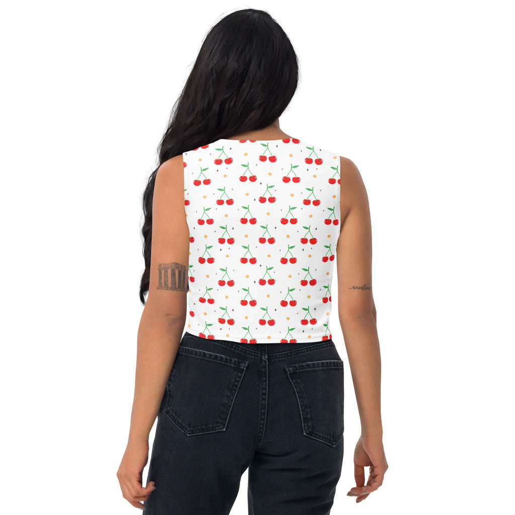Women's White Cherry Buttery Soft Crop Top- Quick-Drying UPF 50+ Stretch Top