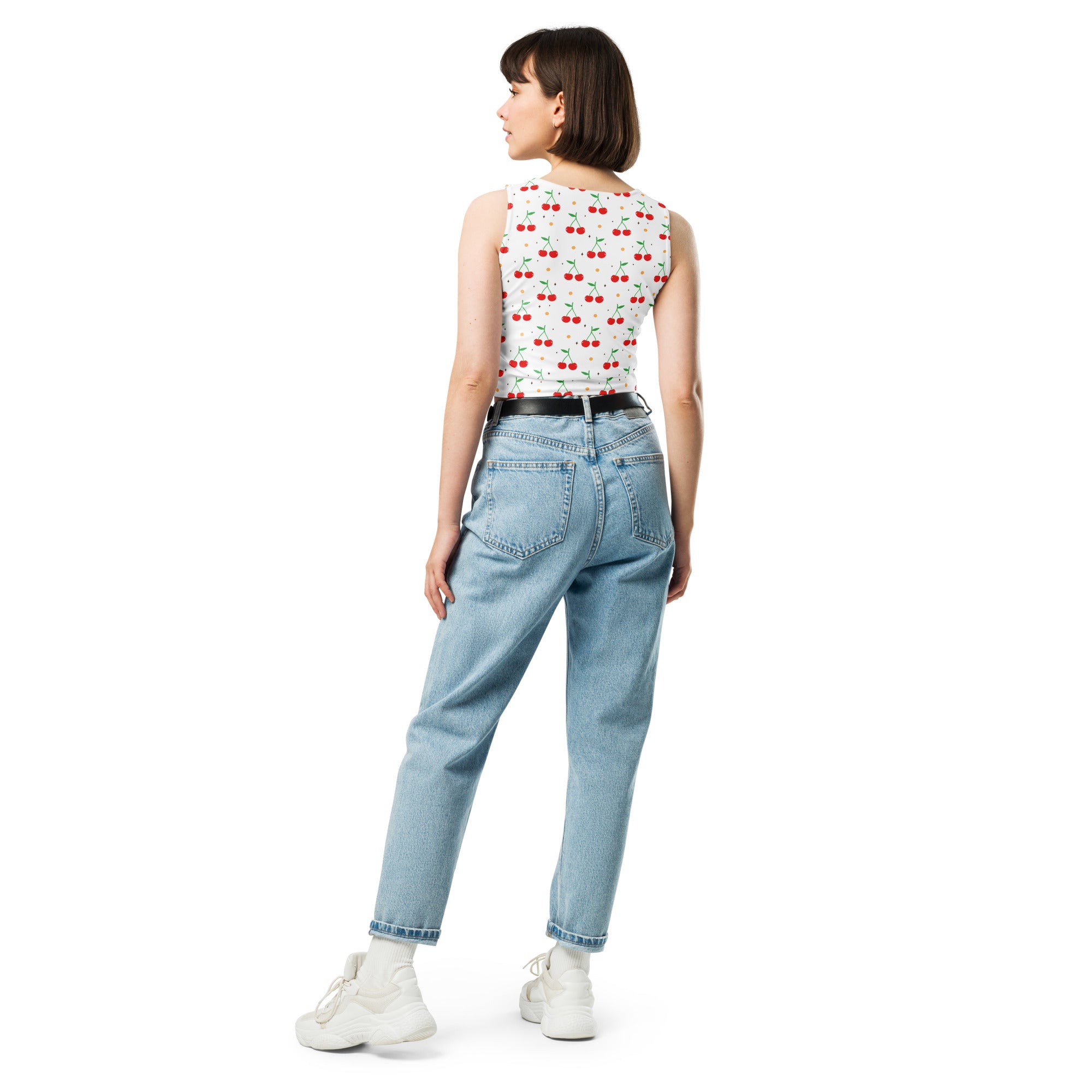 Women's White Cherry Buttery Soft Crop Top- Quick-Drying UPF 50+ Stretch Top