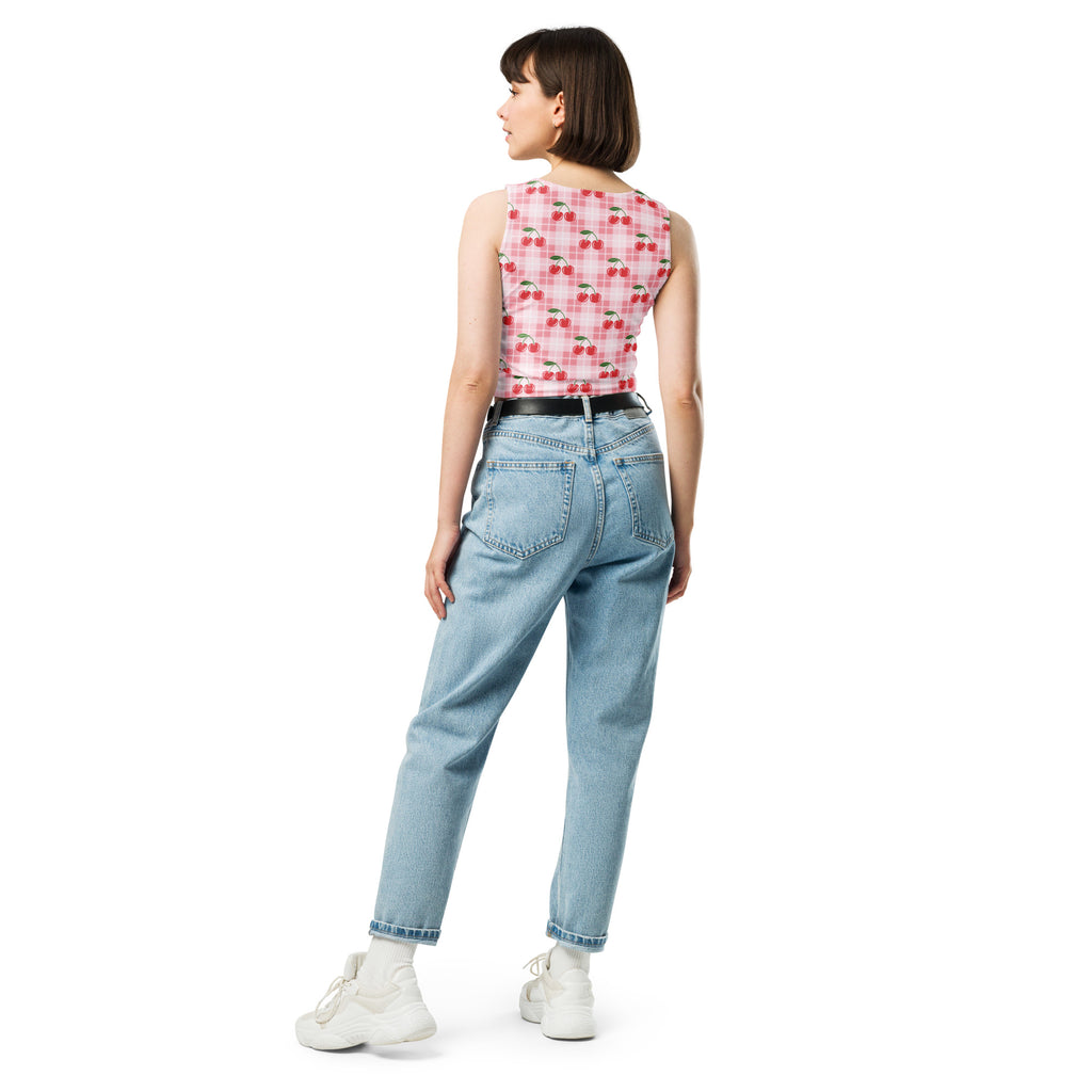 Women's Pink Gingham Cherry Buttery Soft Crop Top- Quick-Drying UPF 50+ Stretch Top