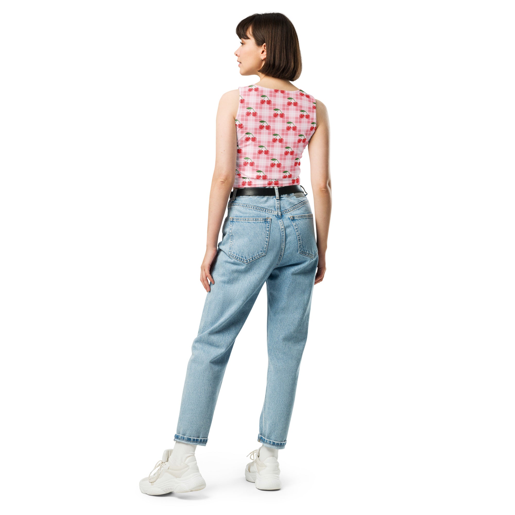 Women's Pink Gingham Cherry Buttery Soft Crop Top- Quick-Drying UPF 50+ Stretch Top