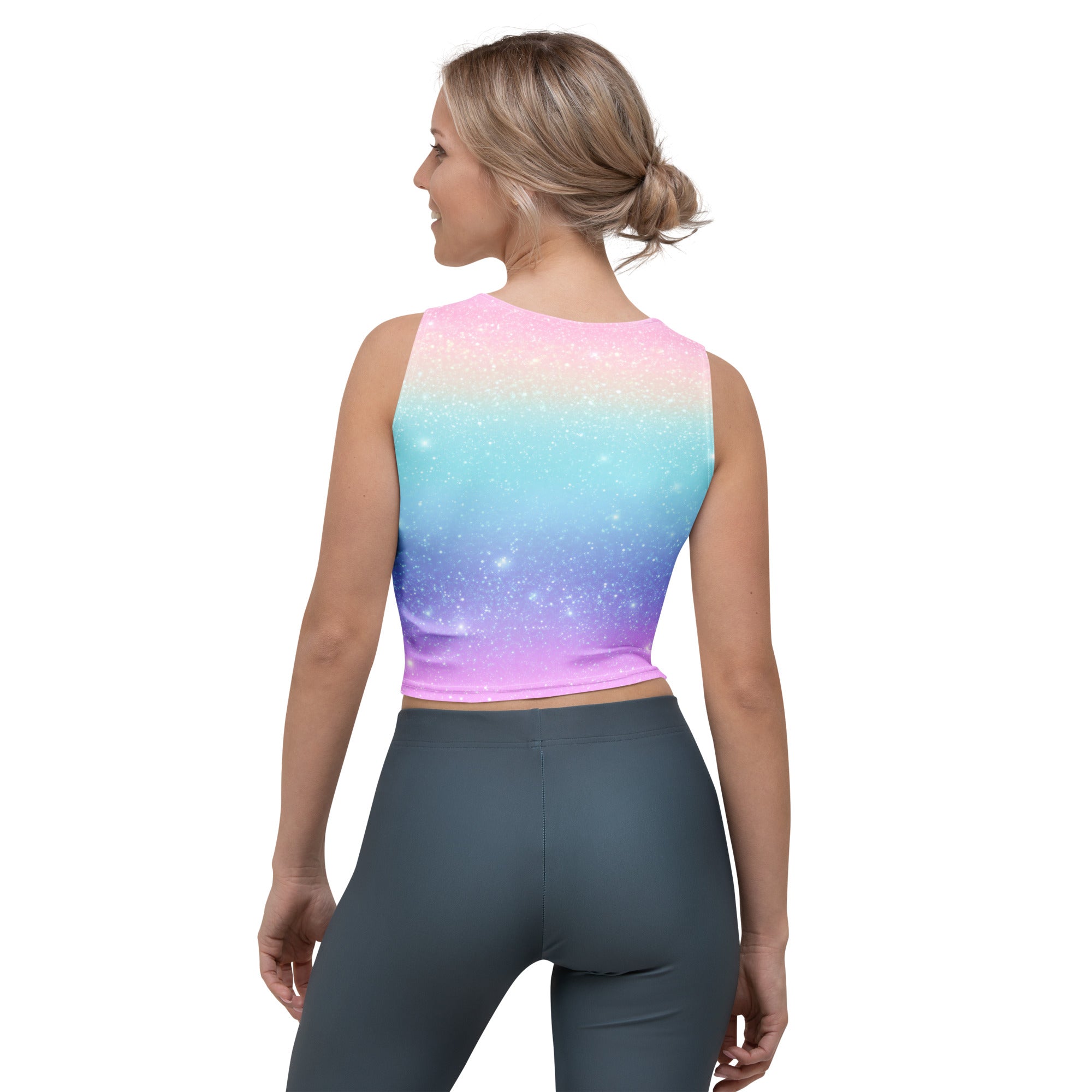 Women's Faux Sparkle Effect Rainbow Buttery Soft Crop Top- Quick-Drying UPF 50+ Stretch Top